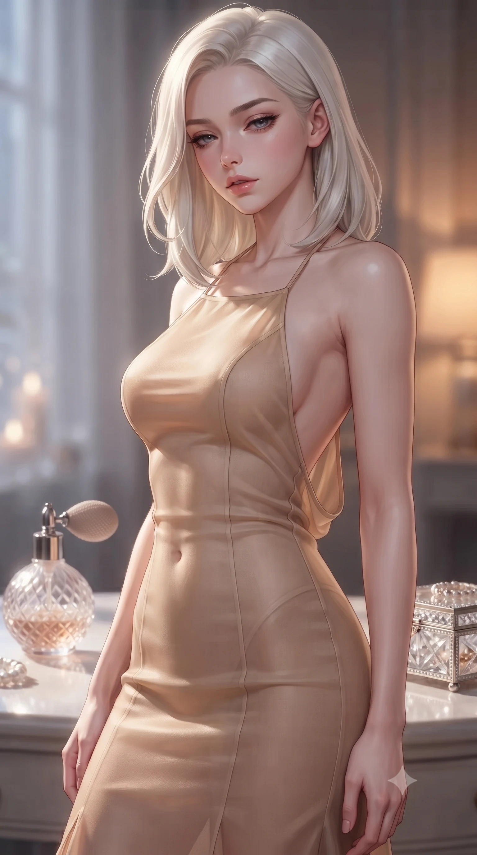 score_9, masterpiece, best quality, ultra-detailed, high-budget anime keyframe, editorial fashion photography, tasteful artistic composition, Caucasian woman. close-up cowboy shot from the waist and thighs up, the character dominates the composition, filling the frame with her large presence, background elements kept in soft focus. looking down at the viewer beneath lowered lashes with a quiet, smoldering confidence and parted lips set against a soft-focus background of inside an exclusive private spa pavilion with a vintage perfume atomizer and crystal jewelry box reflecting soft light. She has an exceptionally elegant, slender, and willowy female figure with an ultra-slim waist, a gracefully sculpted slender torso, and a refined silhouette. sharp v-shaped jawline, high-bridge nose, intricate jewel-like eyes with depth, thick eyelashes, glossy lips with a natural sheen. wearing form-contouring warm beige sheer organza backless linen halter dress featuring delicate straps and a draped open-back design featuring refined tailored seams. illuminated by soft silver moonlight contrasting with the warm amber glow of a nearby lamp. highly saturated vibrant anime colors, detailed shading with soft gradients, rich glossy textures, high-contrast stereoscopic depth, volumetric dynamic lighting, master piece, 9:16 ratio