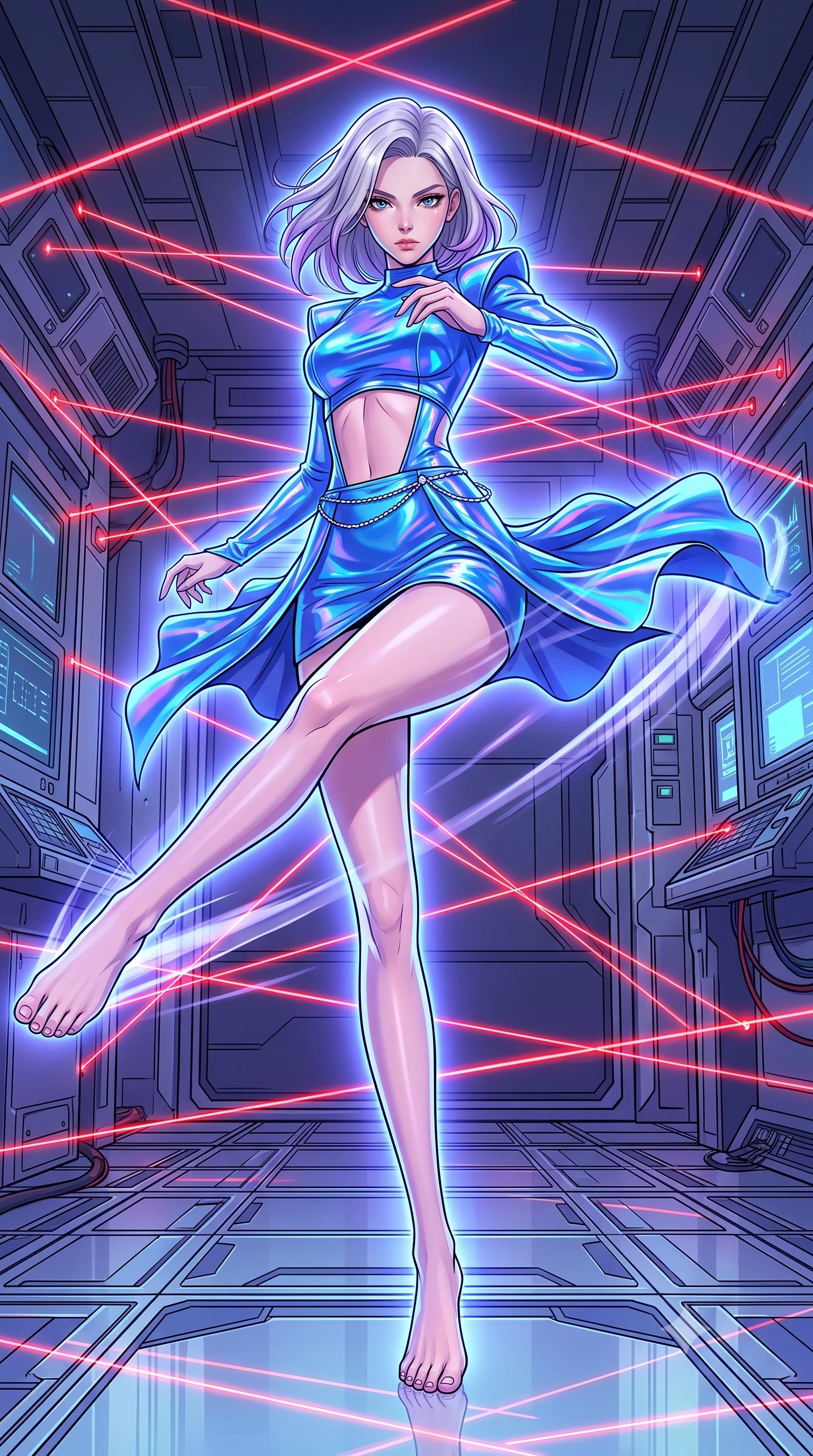 score_9, masterpiece, best quality, ultra-detailed, high-budget anime keyframe, clean line-art, cel-shading, Caucasian woman, strictly human ears. low angle full-body shot from head to toe showing her feet, filling the entire 9:16 vertical frame with her statuesque presence, stretching her vertical silhouette. executing a lightning-fast low sweep kick with fluid momentum and intense focus inside a high-tech security room filled with a grid of hundreds of red laser beams crossing the space at all angles. She has a statuesque 8.5-heads proportion, an exceptionally tall, slender and willowy model-like build with impossibly long legs and a highly sculpted ultra-slim waist. sharp v-shaped jawline, high-bridge nose, intricate jewel-like eyes with depth, thick eyelashes, glossy lips with a natural sheen. wearing the lightweight fabric rippling and billowing dramatically with her movement, a tailored holographic mini dress in electric blue, featuring structured shoulder pads, an exposed midriff, and a silver waist chain. cool ethereal blue-violet bioluminescent glow wrapping around her from all sides. highly saturated vibrant anime colors, intense vivid color palette, volumetric dynamic lighting, 2k, ultra detail, master piece, 9:16 ratio