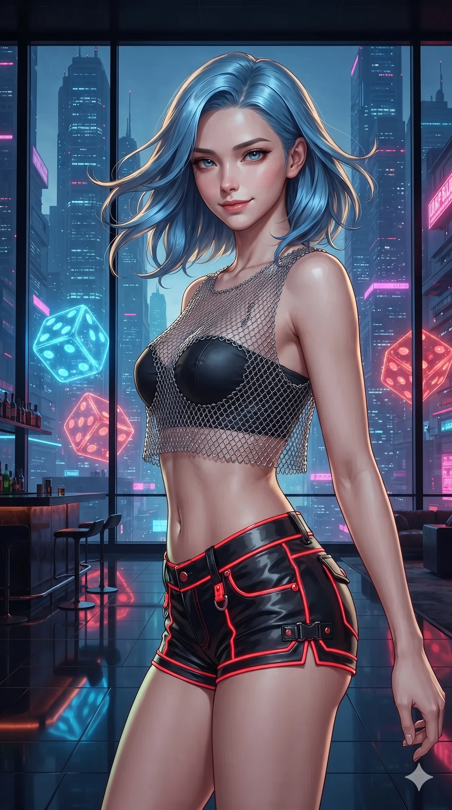 score_9, masterpiece, best quality, ultra-detailed, high-budget anime keyframe, editorial fashion photography, tasteful artistic composition, Korean woman. close-up cowboy shot from the waist and thighs up, the character dominates the composition, filling the frame with her large presence. turning slowly with an enchanting smoldering smile, her glossy hair tossing as her hips angle gracefully in a captivating contrapposto while standing poised against the floor-to-ceiling panoramic glass overlooking towering neon skyscrapers, arching her spine with sovereign glamour as giant holographic dice tumble in mid-air. The surrounding environment is rendered in vivid detail and crisp panoramic clarity: sharp holographic dice numeral facets, polished black marble counter bevels, and crisp skyscraper window grids in deep focus. She has an exceptionally elegant, slender, and willowy female figure with an ultra-slim waist, flat toned midriff, narrow ribcage, and sculpted feminine hips creating an alluring, slim hourglass silhouette without bulk. sharp v-shaped jawline, high-bridge nose, intricate jewel-like sparkling eyes with depth, thick eyelashes, glossy parted lips with a natural sheen, bright confident smile with an enchanting and coquettish sensual glint, exuding both youthful magnetic charm and sovereign high-tech allure, flawlessly proportioned anatomical accuracy, strict slender model proportions, natural body alignment, perfectly sculpted long slender limbs, ultra-slim waistline, clean dynamic posture without body distortion. wearing a delicate silver chainmail mesh crop top layered over a sculpted matte black bandeau with low-rise combat shorts in midnight black lacquer and vibrant scarlet neon, crafted from stretch micro-mesh with liquid foil coating that shimmers with every movement, featuring fine criss-cross lace-up side ties revealing tantalizing glimpses of her hip curve, the bespoke structured tailoring following the natural line of her 8.5-heads silhouette with refined elegance. illuminated by bar top reflections and sharp gold-cyan rim lights defining her razor-sharp jawline, narrow waist, and curvy hips. ultra-reflective glossy finish, specular highlights, rich textural contrasts, high-contrast stereoscopic depth, volumetric dynamic lighting, 2k, ultra detail, master piece, 9:16 ratio