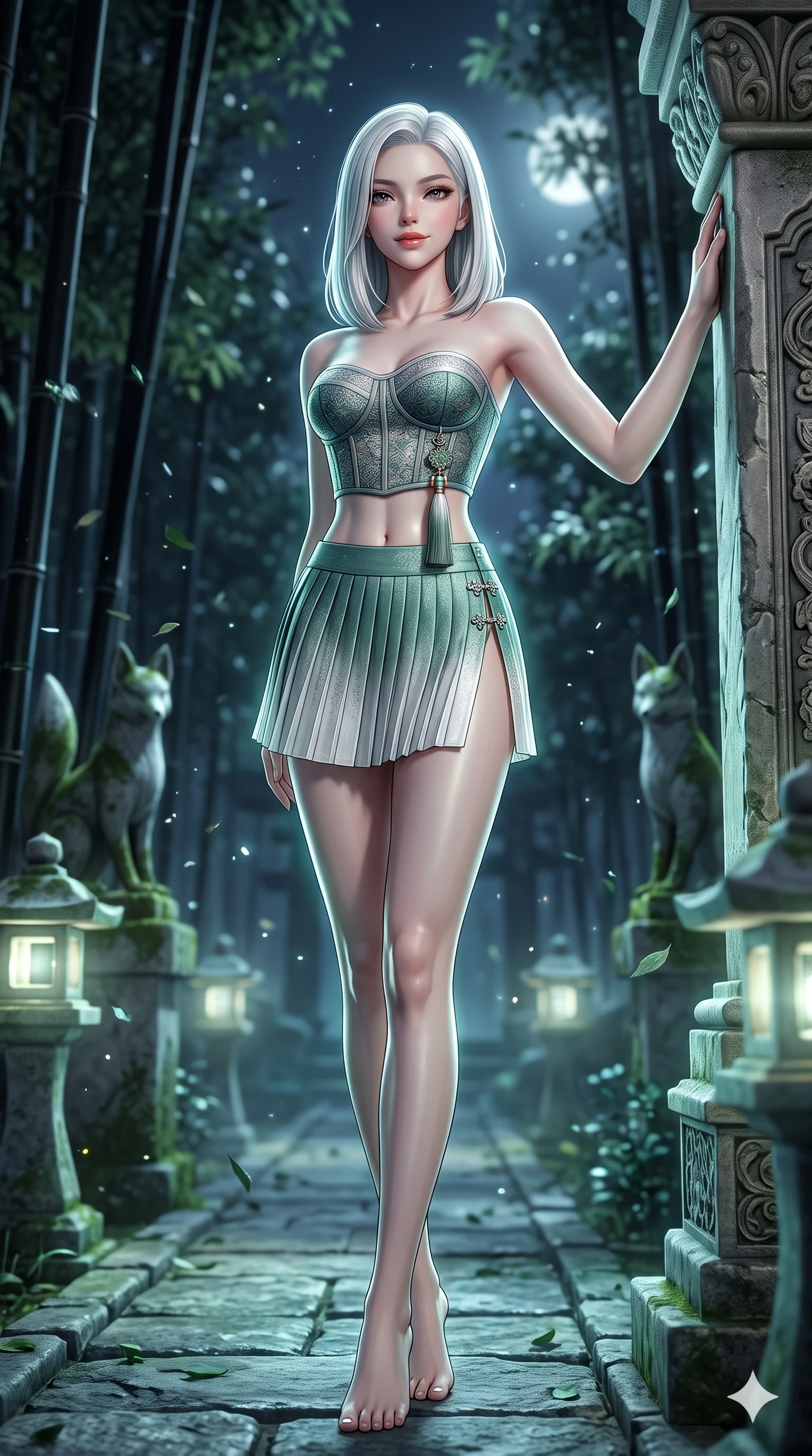 score_9, masterpiece, best quality, ultra-detailed, high-budget anime keyframe, semi-realistic 3D game render, editorial fashion photography, tasteful artistic composition, Korean woman. low angle full-body shot from head to toe showing her feet, filling the entire 9:16 vertical frame with her statuesque presence, stretching her vertical silhouette. standing tall beside the architectural column, one hand resting high while arching her lower back to emphasize her sculpted feminine hips and slender waist while twisting her slender torso in an alluring contrapposto stance, moonlight filtering through bamboo leaves tracing her flat midriff. The background shows a soft-focus towering black bamboo stalks, moss-covered kitsune fox statues, and stone pathway lanterns blurred into jade, silver, and slate bokeh. She has an absolutely perfect, statuesque 8.5-heads proportion, an exceptionally tall and slender model-like female figure with impossibly long slender legs, an ultra-slim waist, a flat toned midriff, narrow delicate ribcage, and beautifully sculpted feminine hips creating a graceful, slim hourglass silhouette without any bulky heaviness. sharp v-shaped jawline, high-bridge nose, sparkling eyes with hypnotic seductive depth, thick curled eyelashes, glossy parted lips with a natural dewy peach sheen, alluring bedroom-eyes with an enchanting coquettish smile, exuding magnetic siren charisma and sophisticated glamour, flawlessly proportioned anatomical accuracy, strict slender model proportions, natural body alignment, perfectly sculpted long slender limbs, ultra-slim waistline, clean dynamic posture without body distortion. wearing a modern boned hanbok bustier top with norigae tassel paired with an ultra-short micro-pleated silk wrap mini skirt in moonlit jade green and pure alabaster white with silver accents, woven from metallic lurex thread casting radiant starlight glints across her silhouette, finished with an ultra-high side slit secured by miniature jeweled clasps, the glove-like clinging cut tightly following the natural contour of her hips and long slender legs with youthful 8.5-heads elegance. illuminated by ground stone bounce and sharp silver-jade rim lights sculpting her razor-sharp jawline, narrow waist, and curvy hips. highly saturated vibrant anime colors, detailed shading with soft gradients, rich glossy textures, high-contrast stereoscopic depth, volumetric dynamic lighting, master piece, 9:16 ratio