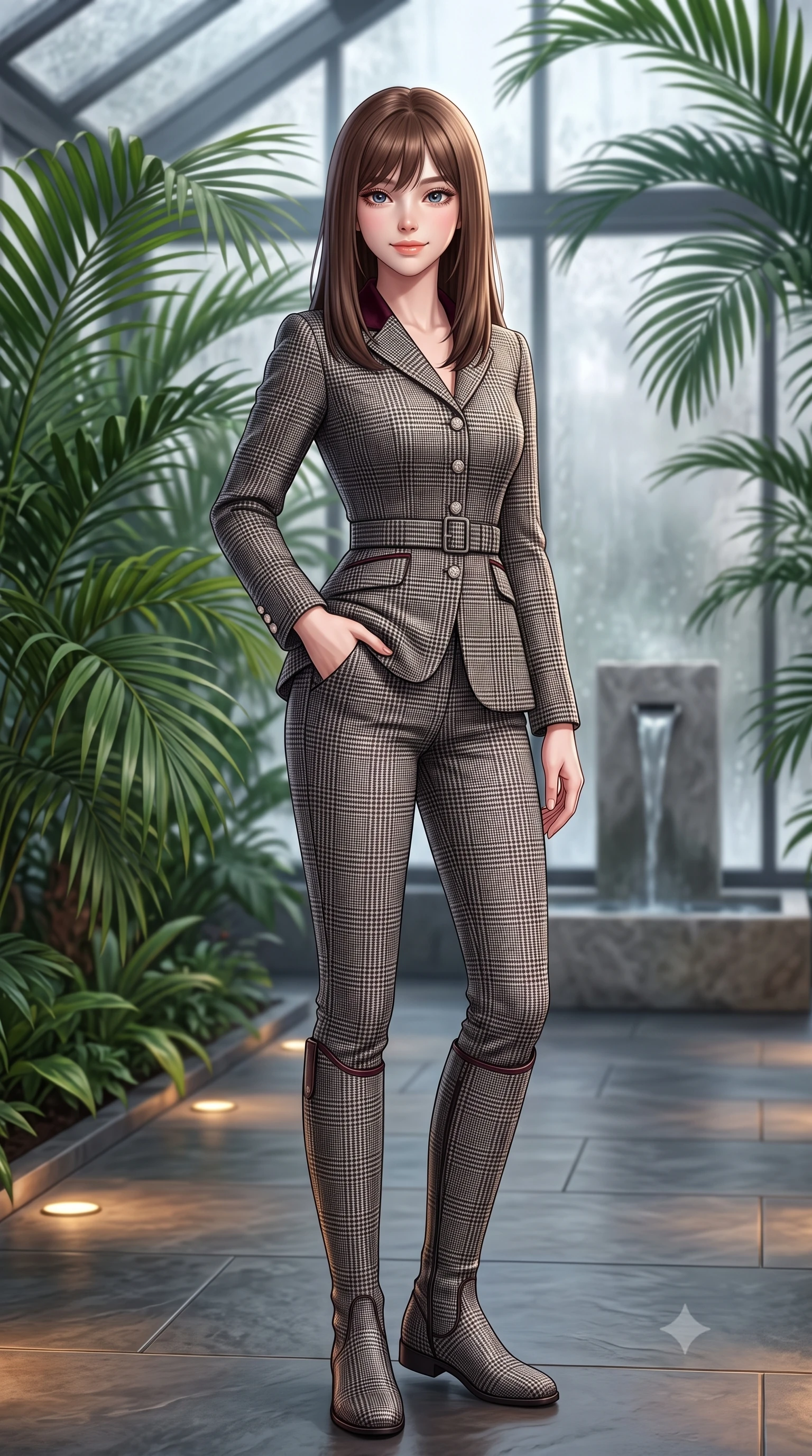 score_9, masterpiece, best quality, ultra-detailed, high-budget anime keyframe, semi-realistic 3D game render, editorial fashion photography, tasteful artistic composition, Korean woman. close-up cowboy shot from the waist and thighs up, the character dominates the composition, filling the frame with her large presence. standing poised with one hand slipped into her tailored trouser pocket, head tilted in a friendly, engaging expression while standing poised on the warm slate floor of the indoor winter garden pavilion surrounded by lush tropical palms, smiling with serene relaxation. The background shows a soft-focus minimalist stone water features softened in peaceful Swiss alpine wellness sanctuary shallow focus. She has an exceptionally elegant, slender, and willowy female figure with an ultra-slim waist, flat toned midriff, narrow ribcage, and sculpted feminine hips creating an alluring, slim hourglass silhouette without bulk. sharp v-shaped jawline, high-bridge nose, intricate jewel-like sparkling eyes with depth, thick eyelashes, glossy parted lips with a natural peach sheen, bright cheerful beaming smile with an enchanting and coquettish sensual glint, exuding both youthful cute charm and seductive allure, flawlessly proportioned anatomical accuracy, strict slender model proportions, natural body alignment, perfectly sculpted long slender limbs, ultra-slim waistline, clean dynamic posture without body distortion. wearing a tailored velvet collar wool equestrian blazer paired with slim-cut riding trousers and knee-high leather boots in classic glen plaid monochrome with subtle wine red accent, made of luxurious brushed wool flannel with rich textural depth and clean structure, finished with fine mother-of-pearl cuff buttons catching the soft ambient light, the structured cinched belt emphasizing her narrow waistline and gracefully balanced proportions with timeless haute-couture polish. bathed in calm diffused winter daylight filtering through steamy glass panes combined with warm 2800K recessed floor lights. highly saturated vibrant anime colors, detailed shading with soft gradients, rich glossy textures, high-contrast stereoscopic depth, volumetric dynamic lighting, master piece, 9:16 ratio