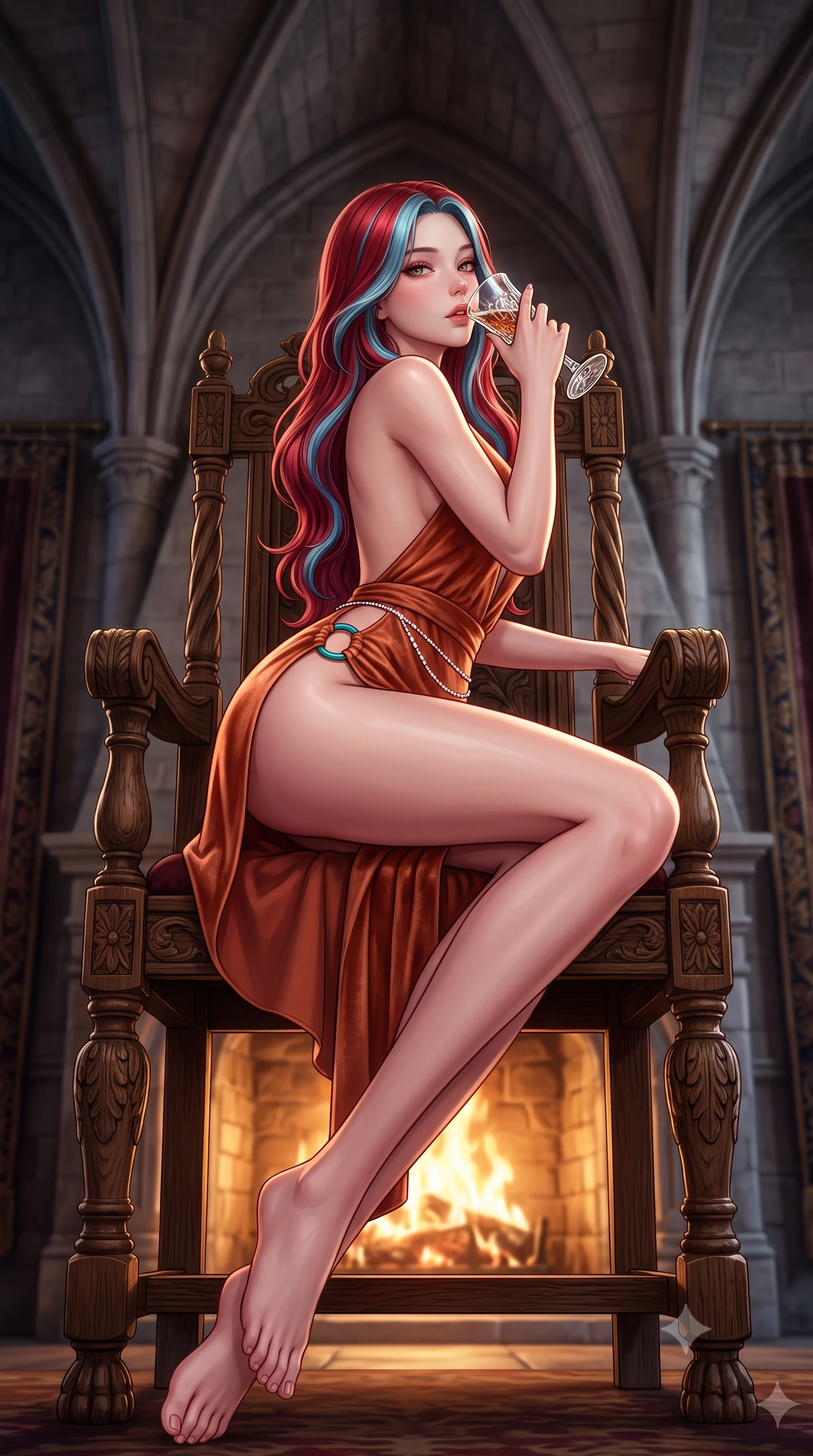 score_9, masterpiece, best quality, ultra-detailed, high-budget anime keyframe, semi-realistic 3D game render, editorial fashion photography, tasteful artistic composition, Caucasian woman. low angle full-body shot from head to toe showing her feet, filling the entire 9:16 vertical frame with her statuesque presence, stretching her vertical silhouette. reclining on her side in an elegant Cleopatra pose with one knee drawn up, the dramatic contour of her rounded hips and long slender legs commanding the 9:16 vertical frame while sitting high on an antique carved oak throne before a roaring stone fireplace with legs crossed, raising a crystal dram to her parted glossy lips while looking over her shoulder. The composition keeps background elements in soft focus with creamy bokeh. towering gothic stone rib vaults and heavy velvet tapestries softened in moody shallow focus. She has an exceptionally tall and slender model-like 8.5-heads proportion, an ultra-slim waist, a flat toned midriff, narrow delicate ribcage, and beautifully sculpted feminine hips creating a graceful, slim hourglass silhouette without any bulky heaviness, with impossibly long slender legs. sharp v-shaped jawline, high-bridge nose, intricate jewel-like eyes with depth, thick eyelashes, glossy parted lips with a natural sheen, intensely captivating and seductive bedroom-eyes expression, flawlessly proportioned anatomical accuracy, strict slender model proportions, natural body alignment, perfectly sculpted long slender limbs, ultra-slim waistline, clean dynamic posture without body distortion. wearing a backless terracotta silk wrap dress featuring high-cut side hip slits and turquoise ring hardware in desert terracotta copper and sun-baked sand gold, crafted from heavyweight crushed silk velvet with liquid vintage luster, accented with a dainty diamond waist chain catching the ambient light reflections, the precision-cut side openings and low-back scoop framing her graceful spine and the sensual sweep of her slim, toned hips. illuminated by crisp directional rim lighting sharply carving her razor-sharp jawline, narrow waist, and curvy hips. highly saturated vibrant anime colors, detailed shading with soft gradients, rich glossy textures, high-contrast stereoscopic depth, volumetric dynamic lighting, master piece, 9:16 ratio
