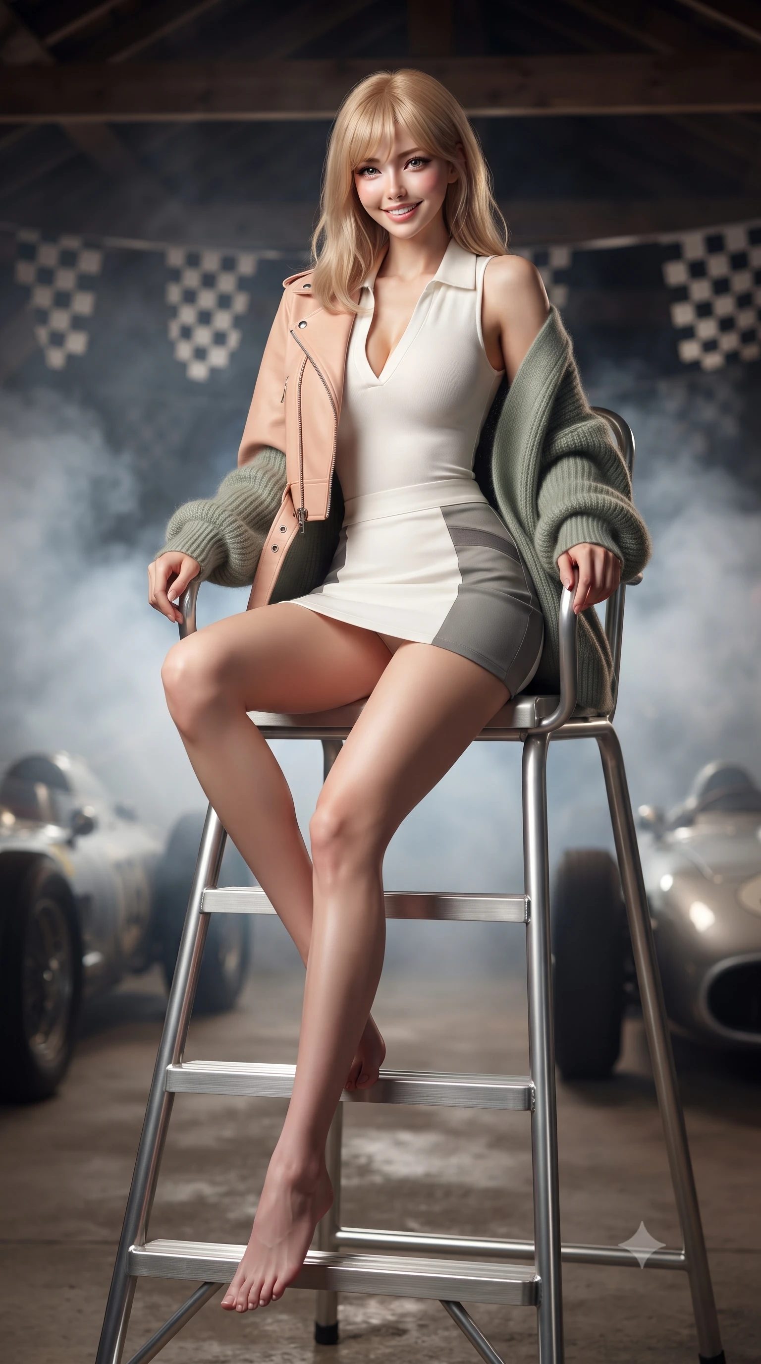 score_9, masterpiece, best quality, ultra-detailed, high-budget anime keyframe, editorial fashion photography, tasteful artistic composition, Japanese woman. low angle full-body shot from head to toe showing her feet, filling the entire 9:16 vertical frame with her statuesque presence, stretching her vertical silhouette. sitting perched on the elevated umpire chair with legs crossed and hips angled toward the camera, displaying her toned midriff and long slender limbs with joyful, coquettish charm while lounging in a canvas director chair inside the open timber hangar with legs crossed, her sporty retro outfit commanding the historic paddock. The background shows a soft-focus drifting castor oil smoke and checkered flags softened in nostalgic 1950s motorsport shallow focus. She has an absolutely perfect, statuesque 8.5-heads proportion, an exceptionally tall and slender model-like female figure with impossibly long slender legs, an ultra-slim waist, a flat toned midriff, narrow delicate ribcage, and beautifully sculpted feminine hips creating a graceful, slim hourglass silhouette without any bulky heaviness. sharp v-shaped jawline, high-bridge nose, sparkling eyes with athletic focus and depth, thick curled eyelashes, glossy parted lips with a natural coral-peach sheen, bright confident and coquettish smile with alluring bedroom-eyes, exuding both youthful sporty vigor and sovereign high-society glamour, flawlessly proportioned anatomical accuracy, strict slender model proportions, natural body alignment, perfectly sculpted long slender limbs, ultra-slim waistline, clean dynamic posture without body distortion. wearing a cropped leather motorcycle jacket worn over a plunging polo bodysuit and tailored white micro-skirt in pastel peach blossom and matte carbon grey, crafted from sheer delicate stretch lace reinforced with technical sport threads, complemented by an oversized cashmere knit cardigan slipping off one bare shoulder, the form-fitting tailored bodice adhering flawlessly to her sculpted flat midriff and slender torso, emphasizing her long leg lines and perfectly proportioned willowy build. illuminated by polished aluminum car reflections and sharp golden rim lights sculpting her razor-sharp jawline, narrow waist, and curvy hips. ultra-reflective glossy finish, specular highlights, rich textural contrasts, high-contrast stereoscopic depth, volumetric dynamic lighting, 2k, ultra detail, master piece, 9:16 ratio