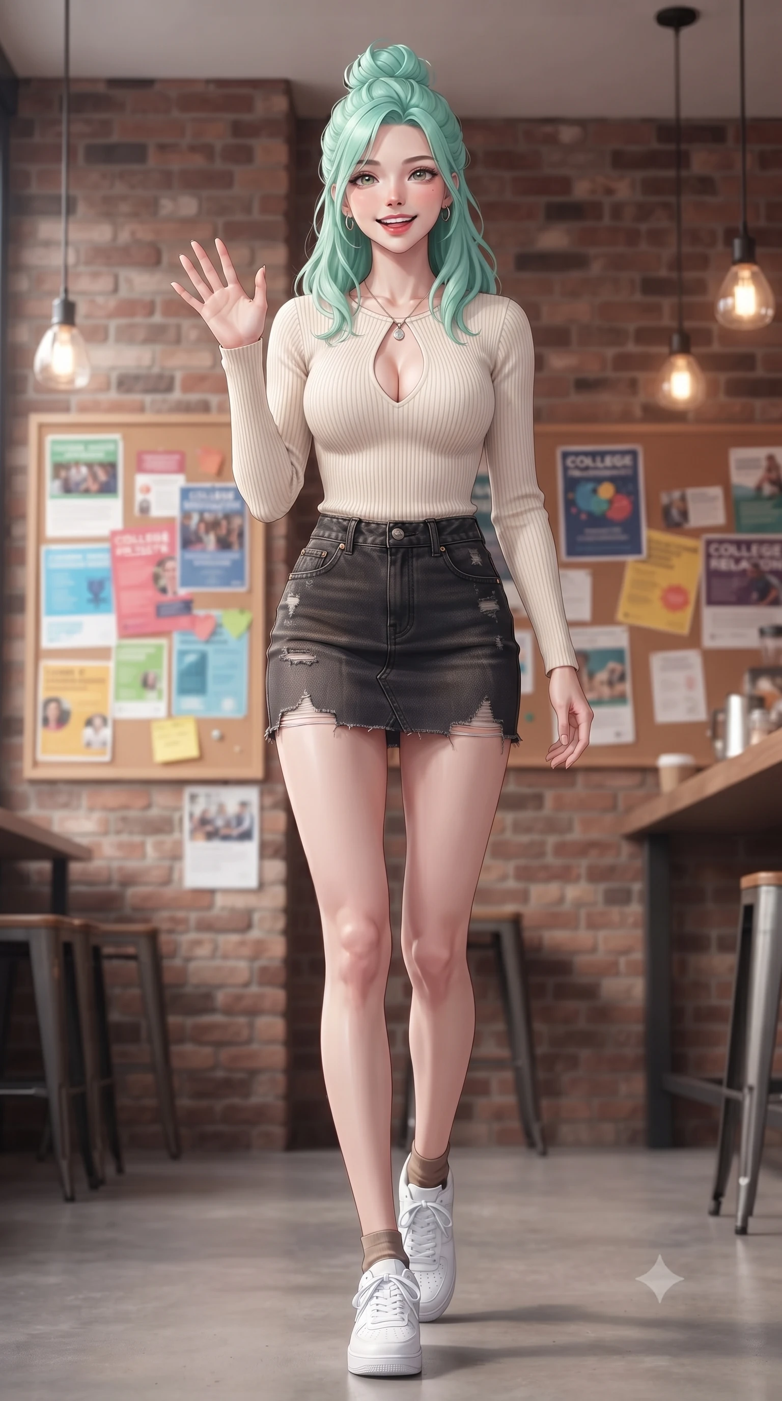 score_9, masterpiece, best quality, ultra-detailed, high-budget anime keyframe, editorial fashion photography, tasteful artistic composition, Japanese woman. low angle full-body shot from head to toe showing her feet, filling the entire 9:16 vertical frame with her statuesque presence, stretching her vertical silhouette. stepping forward with a bright, cheerful smile, waving happily at the viewer set against a soft-focus background of in a cozy student union cafe with brick walls and warm hanging pendant lights with colorful college flyers and posters decorating the bulletin boards behind her. She has an absolutely perfect, statuesque 8.5-heads proportion, an exceptionally tall and slender model-like female figure with impossibly long slender legs and an ultra-slim waist. sharp v-shaped jawline, high-bridge nose, intricate jewel-like eyes with depth, thick eyelashes, glossy lips with a natural sheen. wearing slim-fit form-contouring ribbed knit top with a plunging keyhole cutout, paired with a dark denim mini skirt. soft diffused daylight creating a clean, high-key glow in the space. ultra-reflective glossy finish, specular highlights, metallic sheen, high-contrast stereoscopic depth, volumetric dynamic lighting, 2k, ultra detail, master piece, 9:16 ratio
