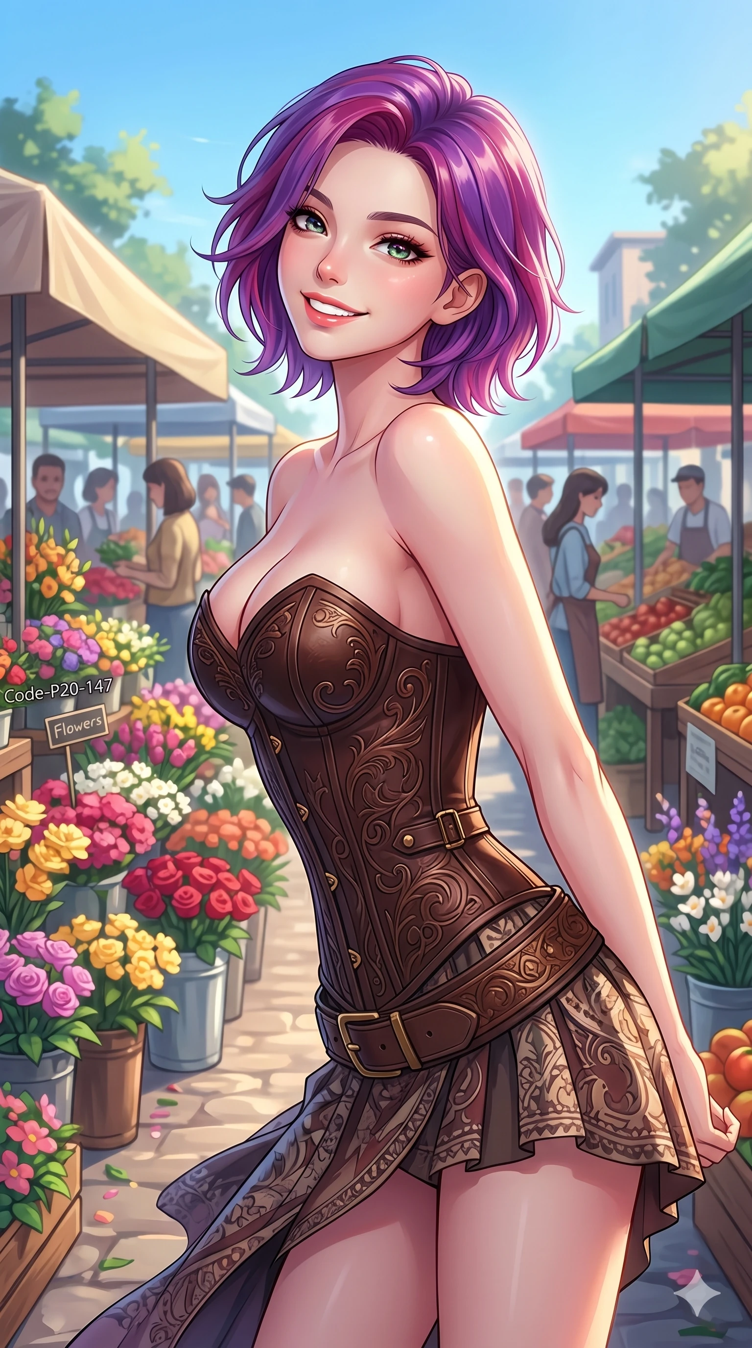 score_9, masterpiece, best quality, ultra-detailed, high-budget anime keyframe, vibrant anime aesthetic, Caucasian woman, strictly human ears. cowboy shot from the thighs up, character and outfit filling the frame for maximum presence. She is leaning back with a bright, radiant smile, looking over her shoulder by a vibrant outdoor market with flower booths (Code-P20-147). She has an absolutely perfect 8-heads proportion, an exceptionally tall and slender female figure with impossibly long slender legs and an ultra-slim waist. V-shaped jawline, high-bridge nose, intricate jewel-like eyes with depth, thick eyelashes, glossy lips with a natural sheen. wearing a leather corset with sweetheart neckline revealing her cleavage. She is soft glowing ambient light from a clear blue sky, highlighting her V-shaped jawline. 2k, ultra detail, master piece, 9:16 ratio