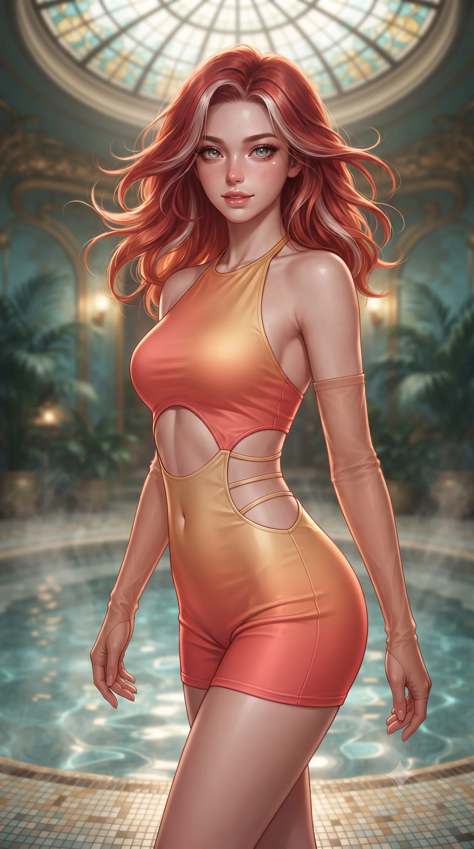 score_9, masterpiece, best quality, ultra-detailed, high-budget anime keyframe, editorial fashion photography, tasteful artistic composition, Caucasian woman. close-up cowboy shot from the waist and thighs up, the character dominates the composition, filling the frame with her large presence. turning slowly with an enchanting smoldering smile, her glossy hair tossing in the breeze as her hips angle gracefully in a captivating contrapposto while standing poised on the heated mosaic floor beside the sunken circular thermal pool beneath the leaded Art Nouveau stained-glass dome, arching her back with wet-look siren grace. The background shows a soft-focus steaming bathwater surface caustics, sinuous gilded Art Nouveau whiplash curves on tiled walls, and moonlit greenhouse palms blurred into turquoise, gold, and jade bokeh. She has an exceptionally elegant, slender, and willowy female figure with an ultra-slim waist, flat toned midriff, narrow ribcage, and sculpted feminine hips creating an alluring, slim hourglass silhouette without bulk. sharp v-shaped jawline, high-bridge nose, intricate jewel-like sparkling eyes with depth, thick eyelashes, glossy parted lips with a natural peach sheen, bright cheerful beaming smile with an enchanting and coquettish sensual glint, exuding both youthful cute charm and seductive allure, flawlessly proportioned anatomical accuracy, strict slender model proportions, natural body alignment, perfectly sculpted long slender limbs, ultra-slim waistline, clean dynamic posture without body distortion. wearing a daring low-cut halterneck romper with exposed midriff and strappy hip cutouts in Palm Springs desert sunset coral and warm honey champagne, made of fluid liquid jersey with seamless sculpting hold and smooth contours, complemented by sheer opera-length evening gloves tracing her slender arms, the liquid-tight tailored fabric clinging flawlessly to her narrow waist and rounded feminine hips, emphasizing every millimeter of her sculpted slim hourglass curves without any bulky heaviness. illuminated by water surface reflection bounce and sharp platinum-cyan rim lights sculpting her jawline, narrow waist, and curvy hips. ultra-reflective glossy finish, specular highlights, rich textural contrasts, high-contrast stereoscopic depth, volumetric dynamic lighting, 2k, ultra detail, master piece, 9:16 ratio