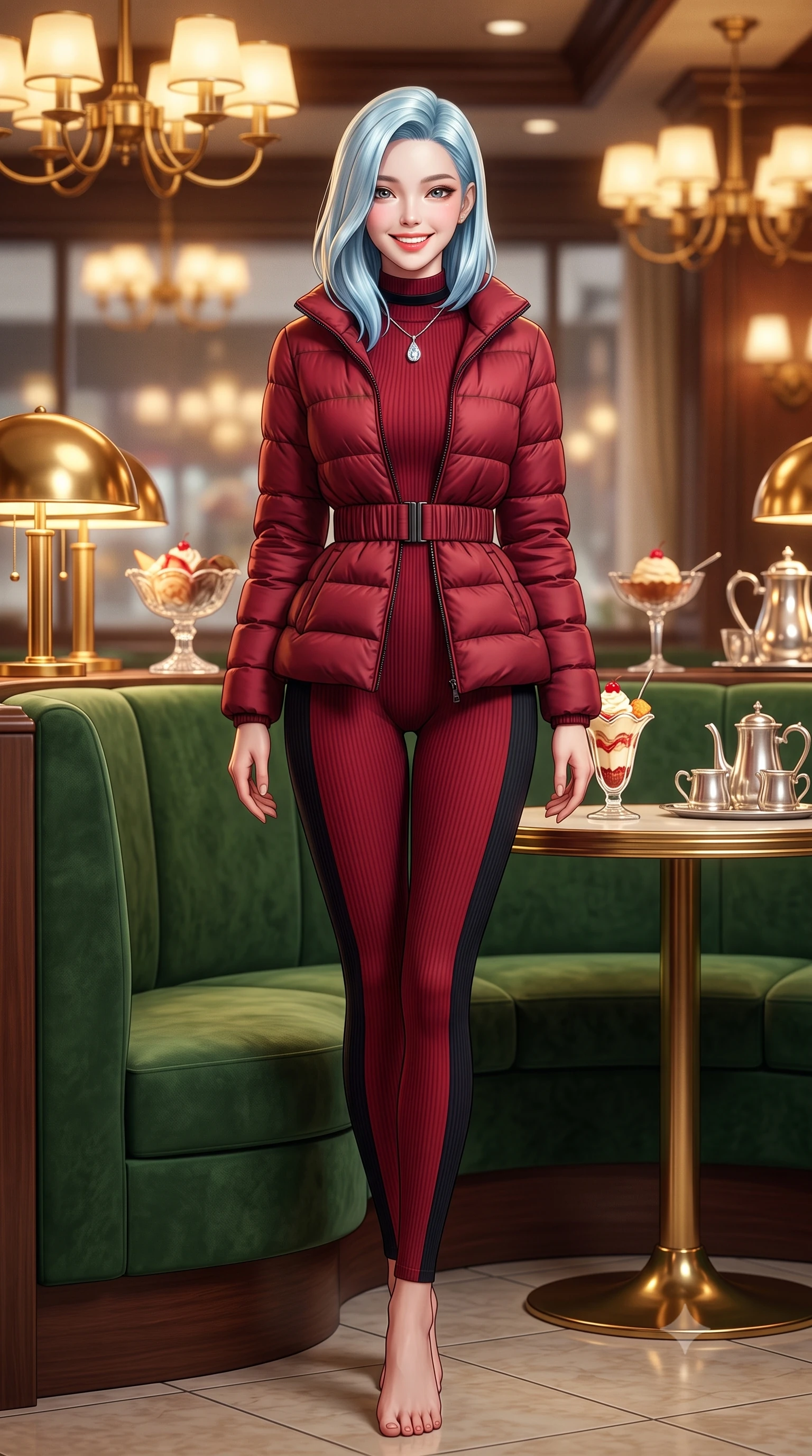 score_9, masterpiece, best quality, ultra-detailed, high-budget anime keyframe, semi-realistic 3D game render, editorial fashion photography, tasteful artistic composition, Korean woman. low angle full-body shot from head to toe showing her feet, filling the entire 9:16 vertical frame with her statuesque presence, stretching her vertical silhouette. standing poised beside the classical stone balustrade with one foot slightly forward, arching her lower back with regal supermodel grace while sitting poised in a curved forest green velvet booth beside a polished brass lamp, smiling cheerfully over a vintage parfait glass. The background shows a soft-focus vintage crystal dessert coupes and silver coffee services softened in nostalgic Tokyo cafe romance shallow focus. She has an exceptionally tall and slender model-like 8.5-heads proportion, an ultra-slim waist, a flat toned midriff, narrow delicate ribcage, and beautifully sculpted feminine hips creating a graceful, slim hourglass silhouette without any bulky heaviness, with impossibly long slender legs. sharp v-shaped jawline, high-bridge nose, intricate jewel-like sparkling eyes with depth, thick eyelashes, glossy parted lips with a natural peach sheen, bright cheerful beaming smile with an enchanting and coquettish sensual glint, exuding both youthful cute charm and seductive allure, flawlessly proportioned anatomical accuracy, strict slender model proportions, natural body alignment, perfectly sculpted long slender limbs, ultra-slim waistline, clean dynamic posture without body distortion. wearing a tailored quilted down jacket with a deeply cinched elastic belt worn over an ultra-tight thermal rib-knit bodysuit and leggings in Kyoto autumn maple crimson and deep ink black, tailored from form-contouring ribbed merino wool hugging her torso like a second skin, finished with a narrow velvet neck ribbon and a sparkling teardrop crystal pendant, the liquid-tight tailored fabric clinging flawlessly to her narrow waist and rounded feminine hips, emphasizing every millimeter of her sculpted slim hourglass curves without any bulky heaviness. bathed in warm 2900K incandescent amber illumination from authentic Art Deco brass chandeliers and table lamps. highly saturated vibrant anime colors, detailed shading with soft gradients, rich glossy textures, high-contrast stereoscopic depth, volumetric dynamic lighting, master piece, 9:16 ratio