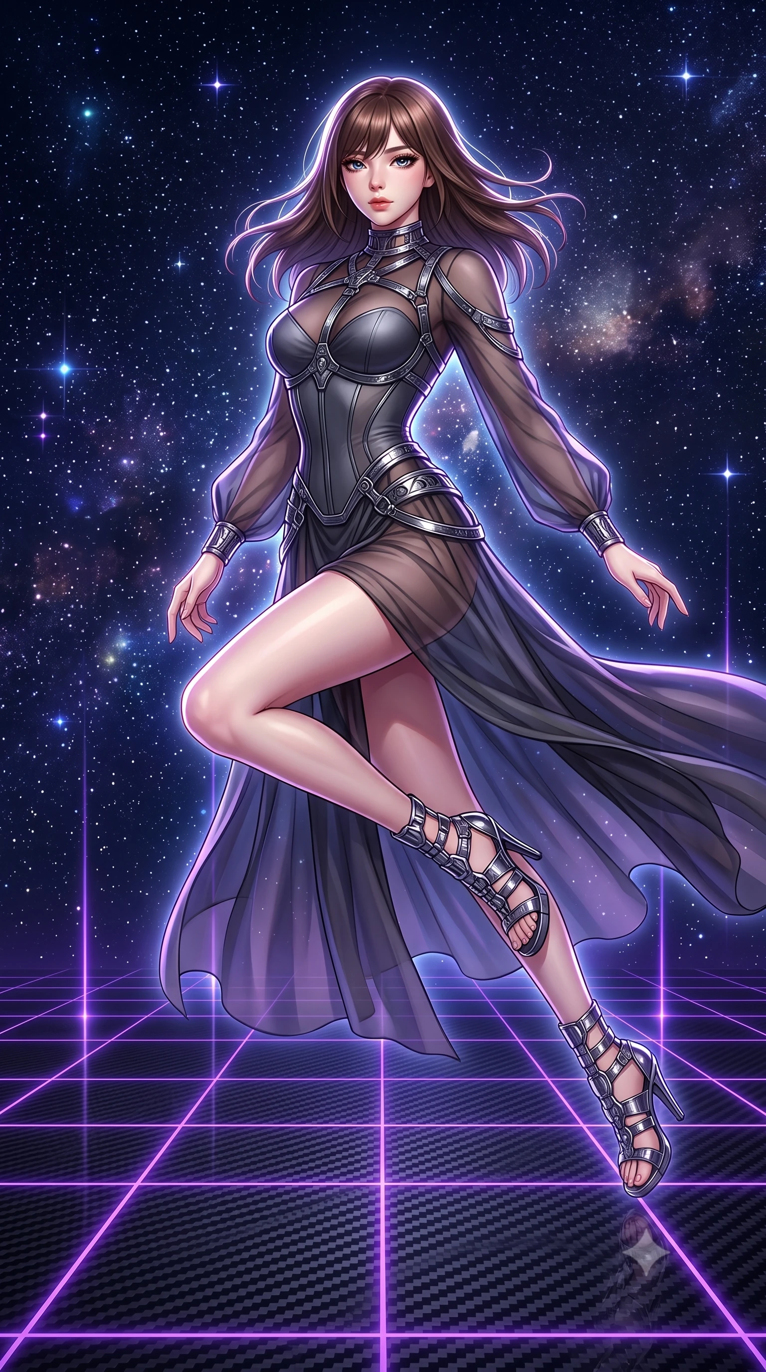 score_9, masterpiece, best quality, ultra-detailed, high-budget anime keyframe, editorial fashion photography, tasteful artistic composition, Korean woman. low angle full-body shot from head to toe showing her feet, filling the entire 9:16 vertical frame with her statuesque presence, stretching her vertical silhouette. leaping dynamically through the starry space, her posture full of power and elegance, poised on a dark carbon-fiber floor surrounded by glowing violet laser grid lines, ultra-modern futuristic luxury fashion composition. She has an absolutely perfect, statuesque 8.5-heads proportion, an exceptionally tall and slender model-like female figure with impossibly long slender legs and an ultra-slim waist. sharp v-shaped jawline, high-bridge nose, intricate jewel-like eyes with depth, thick eyelashes, glossy lips with a natural sheen. wearing semi-opaque sheer dark chiffon gown revealing structured corset silhouette in dark charcoal gray, made of liquid dark mercury jersey, highlighted by a gunmetal metallic harness structure, highlighting her statuesque proportions and ultra-slim waistline. surrounded by a glowing matrix aura with sharp edge highlights. highly saturated vibrant anime colors, detailed shading with soft gradients, rich glossy textures, high-contrast stereoscopic depth, volumetric dynamic lighting, master piece, 9:16 ratio