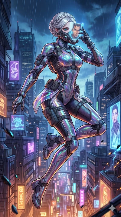 score_9, masterpiece, best quality, ultra-detailed, high-budget anime movie keyframe, cinematic anime lighting, intricate line art, Korean woman. Mid-air action shot capturing a graceful twist and vertical silhouette. adjusting a mechanical mask that