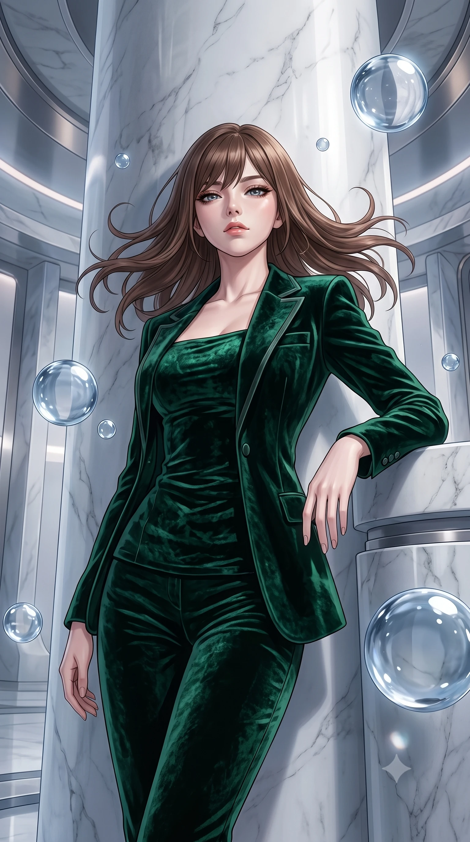 score_9, masterpiece, best quality, ultra-detailed, High-budget Anime Keyframe, East Asian woman. Low angle cowboy shot filling the entire 9:16 frame with her statuesque presence. Scenario 438: leaning against a cold marble pillar inside a zero-gravity sanctuary filled with floating water spheres. Her presence is magnetic and overpowering in this high-budget anime scene. Outfit 438: a body-hugging emerald green crushed velvet jacket layered under a structured velvet blazer. The clothing is designed to emphasize her exceptionally tall and slender 8-heads proportion. 8-heads proportion, towering silhouette, ultra-slim waist. sharp v-shaped jawline, intricate jewel-like eyes with depth, thick eyelashes, glossy lips. 2k, ultra detail, master piece, 9:16 ratio