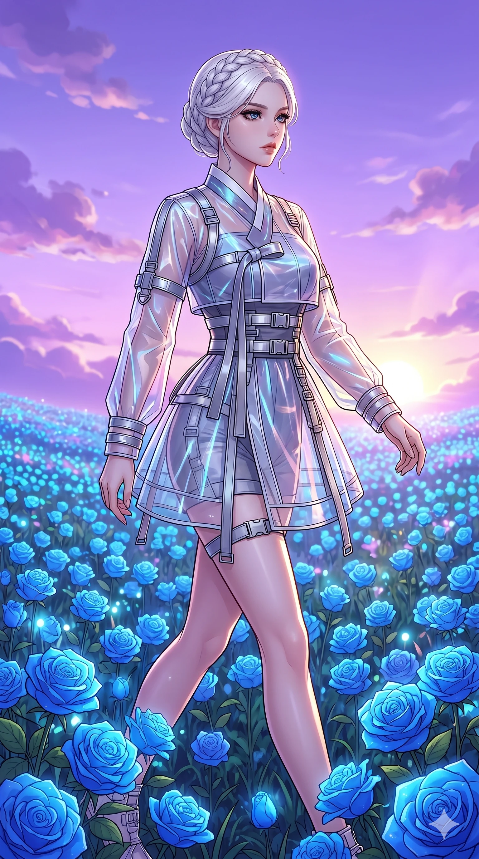 score_9, masterpiece, best quality, ultra-detailed, Set C: High-budget Anime Keyframe, Korean woman. Upper body close-up from the thighs up, character filling the screen for maximum presence. Walking through a field of blue roses under a lavender sky. She has an absolutely perfect 8-heads proportion, an exceptionally tall and slender female figure with an ultra-slim waist and ethereal beauty. Sharp v-shaped jawline, high-bridge nose, intricate jewel-like eyes with depth, thick eyelashes, glossy lips. Wearing a Modern Traditional outfit: tech-hanbok with transparent panels and metallic straps. Background is a bright and colorful meadow with glowing flowers and a vibrant purple sunset. 2k, ultra detail, master piece, 9:16 ratio