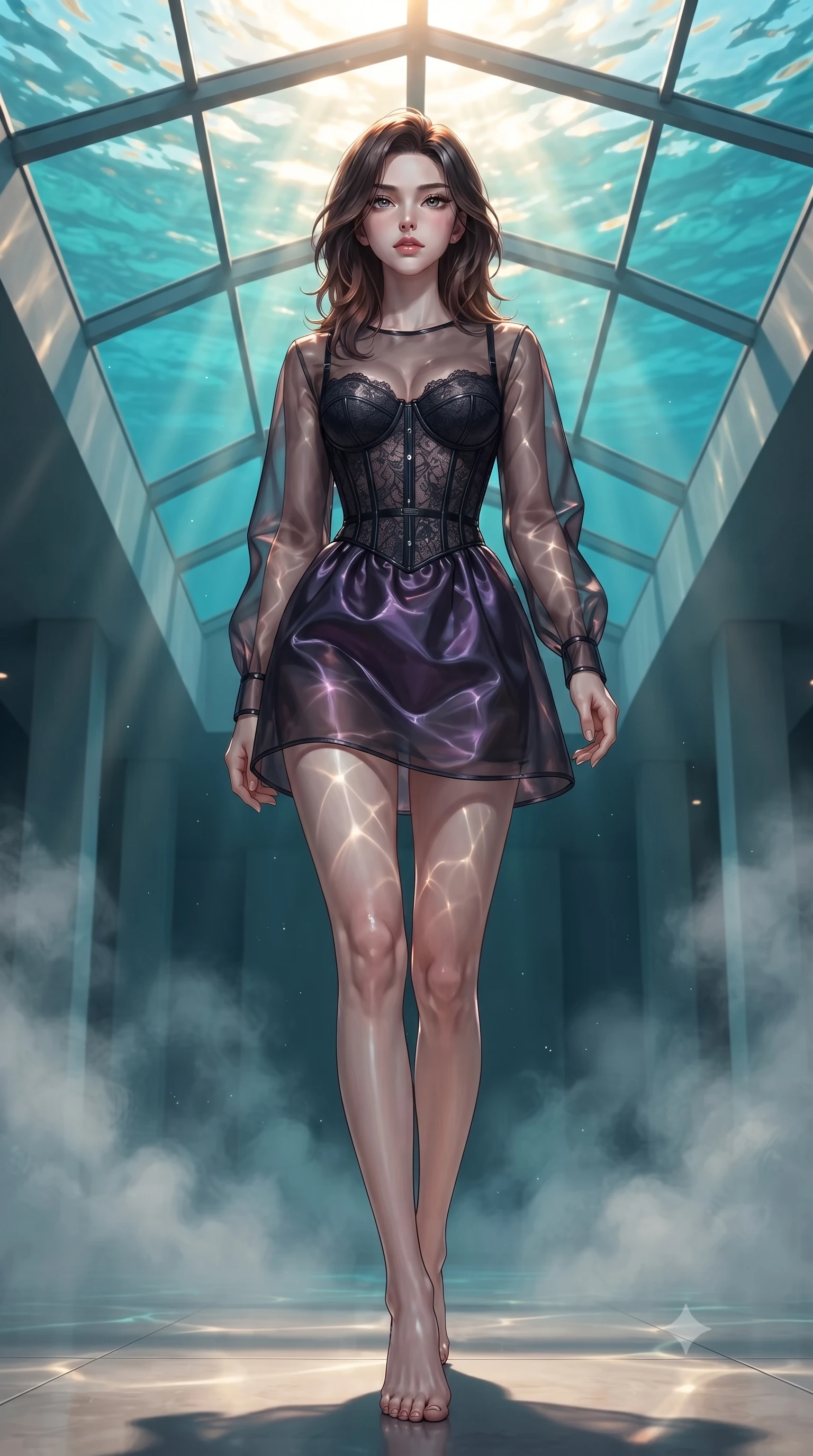 score_9, masterpiece, best quality, ultra-detailed, high-budget anime keyframe, editorial fashion photography, tasteful artistic composition, Korean woman. low angle full-body shot from head to toe showing her feet, filling the entire 9:16 vertical frame with her statuesque presence, stretching her vertical silhouette. forging confidently through the floating mist, holding a poised statuesque stance, poised beneath a glass ceiling as golden sunlight dances through turquoise water, shimmering caustic light ripples dancing dynamically across her body and gown. She has an absolutely perfect, statuesque 8.5-heads proportion, an exceptionally tall and slender model-like female figure with impossibly long slender legs and an ultra-slim waist. sharp v-shaped jawline, high-bridge nose, intricate jewel-like eyes with depth, thick eyelashes, glossy lips with a natural sheen. wearing translucent dark organza mini dress over structured black lace corset in pitch-black onyx, made of iridescent dark violet taffeta, adorned with minimalist black onyx hardware framing the silhouette, contouring every curve with an exceptionally elegant silhouette. lit by clear sunbeams penetrating ocean depths with soft shadows. ultra-reflective glossy finish, specular highlights, metallic sheen, high-contrast stereoscopic depth, volumetric dynamic lighting, 2k, ultra detail, master piece, 9:16 ratio