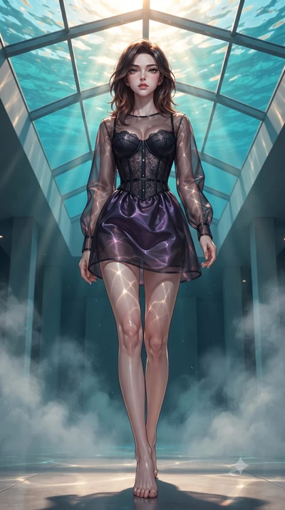 score_9, masterpiece, best quality, ultra-detailed, high-budget anime keyframe, editorial fashion photography, tasteful artistic composition, Korean woman. low angle full-body shot from head to toe showing her feet, filling the entire 9:16 vertical f