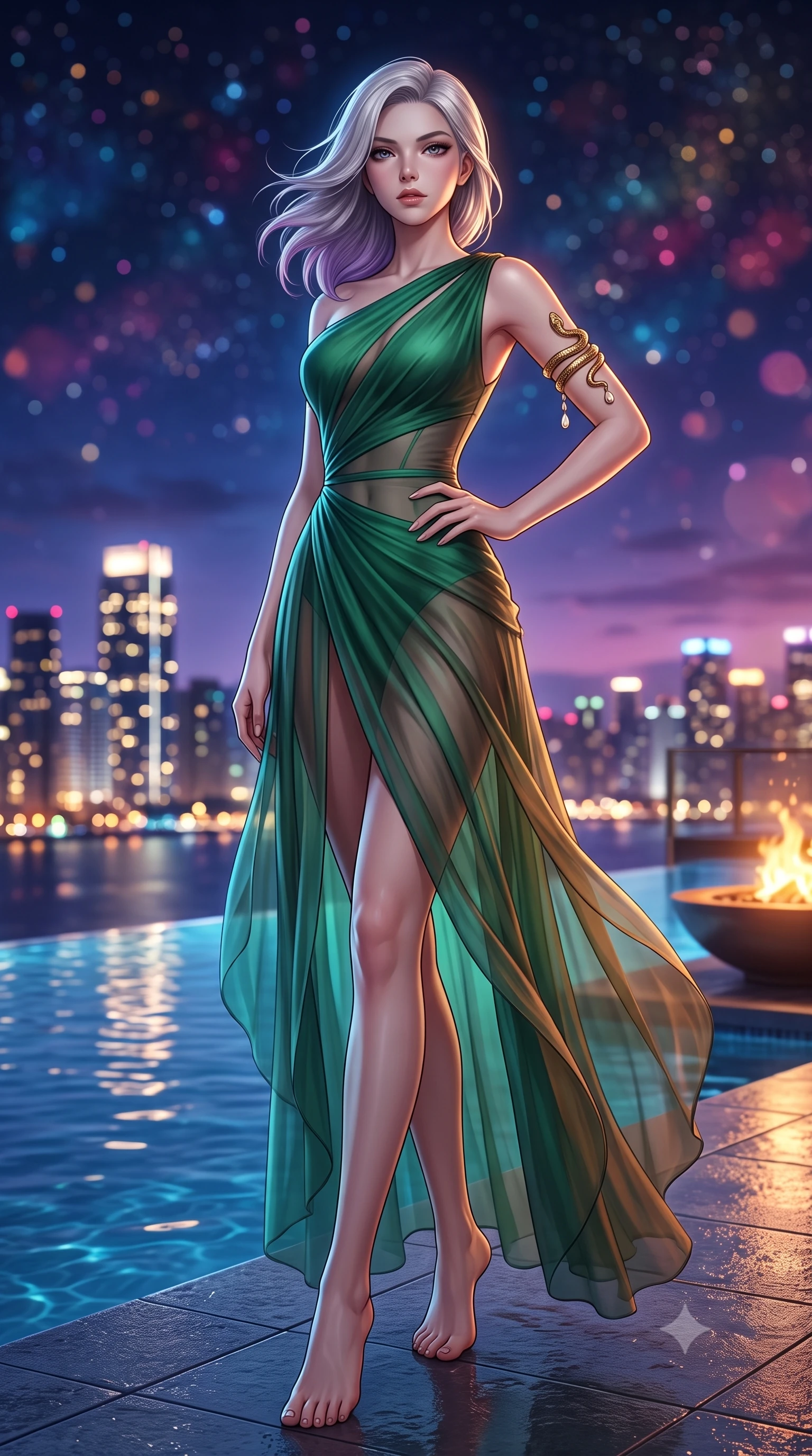 score_9, masterpiece, best quality, ultra-detailed, high-budget anime keyframe, semi-realistic 3D game render, editorial fashion photography, tasteful artistic composition, Caucasian woman. low angle full-body shot from head to toe showing her feet, filling the entire 9:16 vertical frame with her statuesque presence, stretching her vertical silhouette. standing poised with one hip cocked in an alluring high-fashion pose, her tall 8.5-heads proportions dominating the scene while pivoting gracefully beside an infinity pool as midnight city lights shimmer across the water's surface. The composition keeps background elements in soft focus with creamy bokeh. dazzling skyscraper metropolis light clusters and starry night skies blurred into deep sapphire, magenta, and gold bokeh. She has an absolutely perfect, statuesque 8.5-heads proportion, an exceptionally tall and slender model-like female figure with impossibly long slender legs, a toned flat midriff, and an ultra-slim waist. sharp v-shaped jawline, high-bridge nose, intricate jewel-like eyes with depth, thick eyelashes, glossy lips with a natural sheen, captivating and magnetic expression, flawlessly proportioned anatomical accuracy, strict slender model proportions, natural body alignment, perfectly sculpted long slender limbs, ultra-slim waistline, clean dynamic posture without body distortion. wearing an ethereal emerald-green silk chiffon gown with an asymmetric shoulder drape and sheer layered skirt in deep emerald green and bronze, woven from airy multi-layered silk chiffon with a weightless drape, accented with a sculptured gold serpent armlet and pearl drops, the liquid-tight tailored fabric emphasizing every curve of her tall, slender model proportions and sculptured silhouette during dynamic movement. bathed in twilight indigo sky tones and warm amber rooftop fire pit glow. highly saturated vibrant anime colors, detailed shading with soft gradients, rich glossy textures, high-contrast stereoscopic depth, volumetric dynamic lighting, master piece, 9:16 ratio