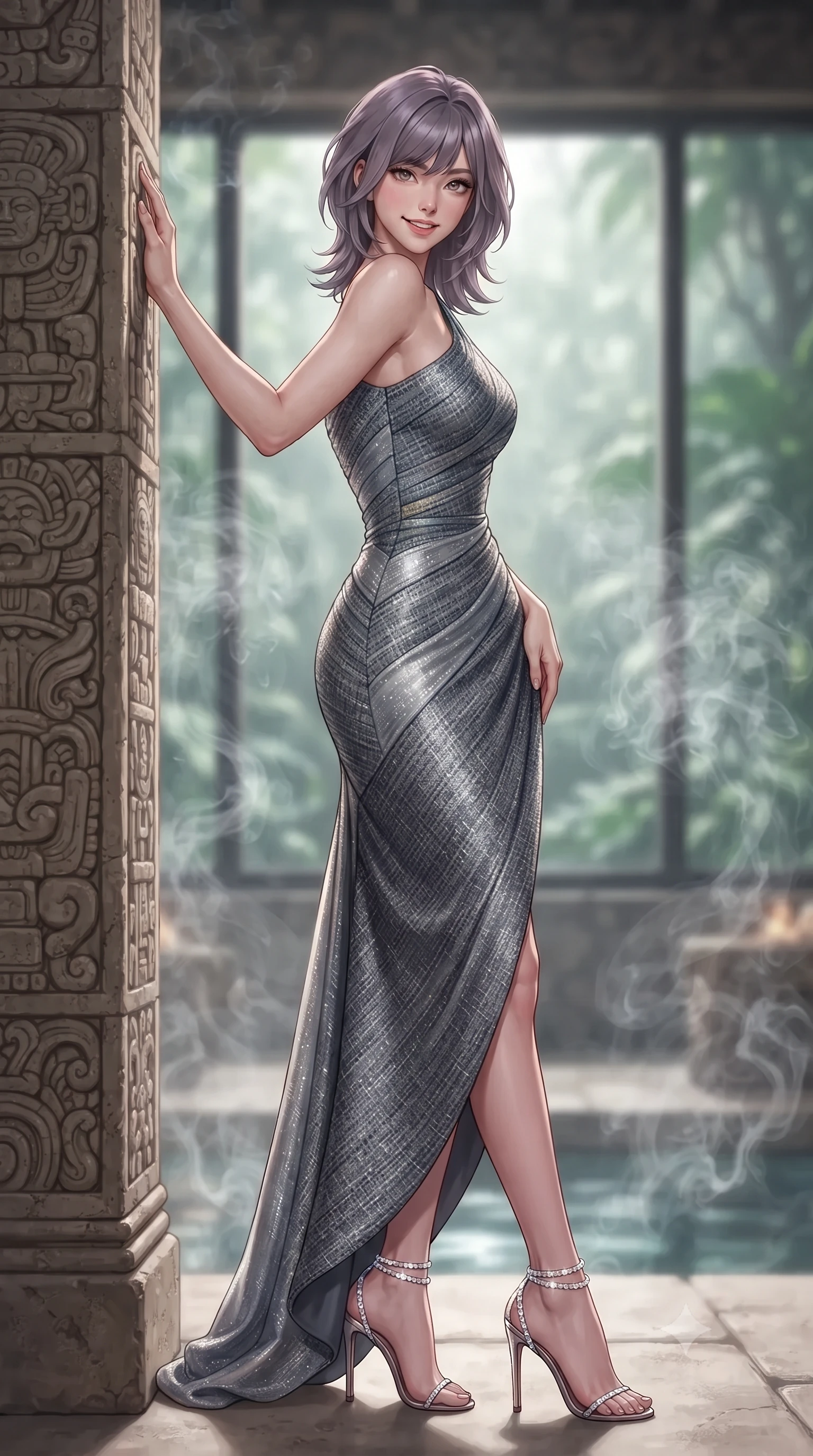 score_9, masterpiece, best quality, ultra-detailed, high-budget anime keyframe, editorial fashion photography, tasteful artistic composition, Japanese woman. low angle full-body shot from head to toe showing her feet, filling the entire 9:16 vertical frame with her statuesque presence, stretching her vertical silhouette. posing in a classic haute-couture S-curve stance beside the floor-to-ceiling window, looking over a bare shoulder with magnetic presence while leaning against the carved Mayan stone pillar with hips cocked back, looking through fragrant copal incense mist with intoxicating bedroom-eyes. The background shows a soft-focus aromatic copal incense smoke softened in holistic subterranean spa shallow focus. She has an exceptionally tall and slender model-like 8.5-heads proportion, an ultra-slim waist, a flat toned midriff, narrow delicate ribcage, and beautifully sculpted feminine hips creating a graceful, slim hourglass silhouette without any bulky heaviness, with impossibly long slender legs. sharp v-shaped jawline, high-bridge nose, intricate jewel-like sparkling eyes with depth, thick eyelashes, glossy parted lips with a natural peach sheen, bright cheerful beaming smile with an enchanting and coquettish sensual glint, exuding both youthful cute charm and seductive allure, flawlessly proportioned anatomical accuracy, strict slender model proportions, natural body alignment, perfectly sculpted long slender limbs, ultra-slim waistline, clean dynamic posture without body distortion. wearing a liquid jersey asymmetrical one-shoulder gown with seamless sculpting hold adhering tightly to her silhouette in Mont-Saint-Michel granite slate grey and moonlit tide silver, woven from structured British tweed with subtle metallic flecks, complemented by strappy stiletto sandals with crystal ankle wraps accentuating her slender calves, the impeccably tailored cut draping gracefully along her slender figure with aristocratic poise. illuminated by cave water reflection bounce and sharp honey-gold rim lights defining her razor-sharp jawline, narrow waist, and curvy hips. ultra-reflective glossy finish, specular highlights, rich textural contrasts, high-contrast stereoscopic depth, volumetric dynamic lighting, 2k, ultra detail, master piece, 9:16 ratio