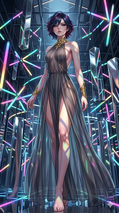 score_9, masterpiece, best quality, ultra-detailed, high-budget anime keyframe, Caucasian woman, strictly human ears. low angle full-body shot filling the entire 9:16 frame with her statuesque presence, stretching the vertical silhouette. navigating 