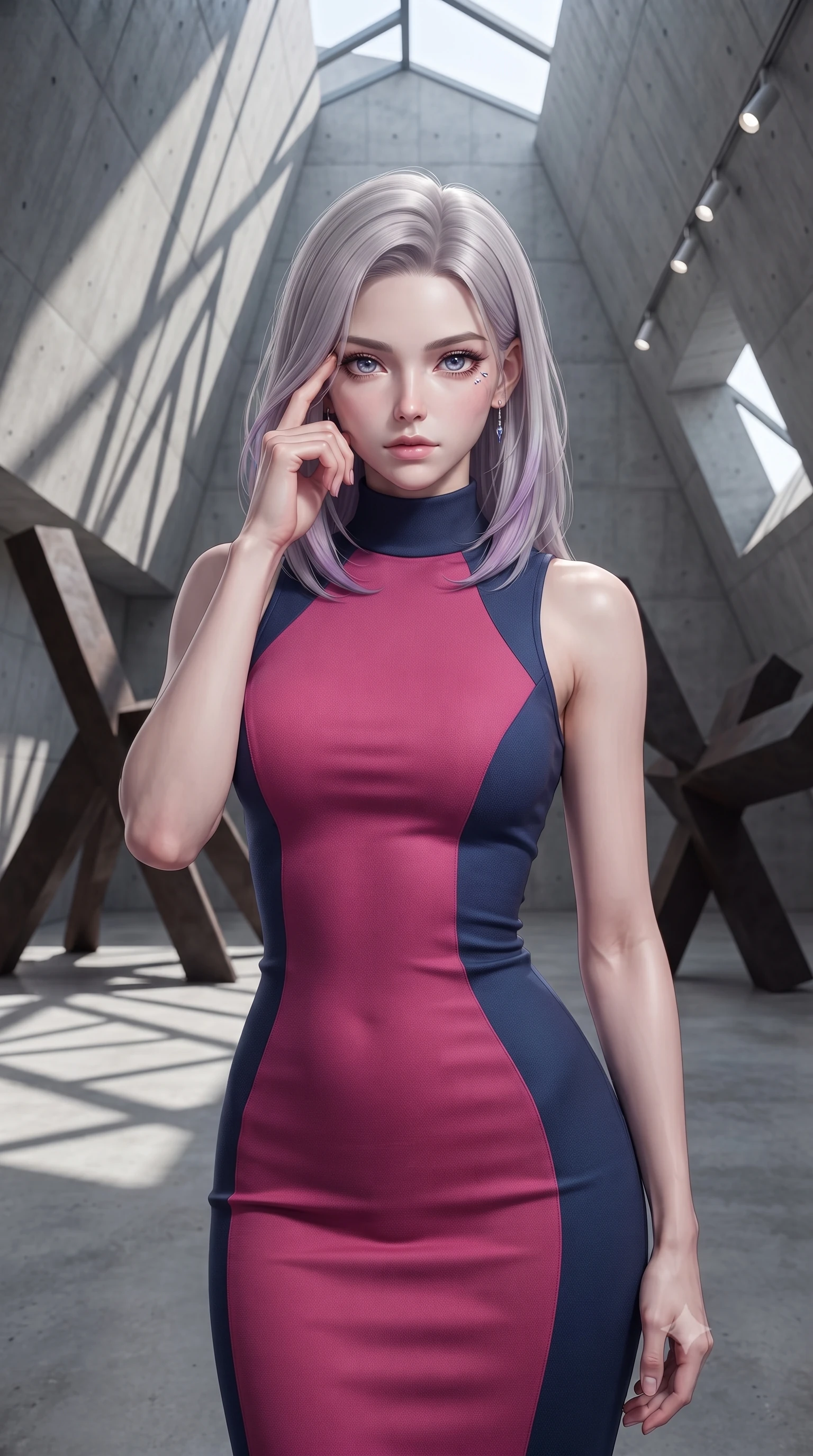score_9, masterpiece, best quality, ultra-detailed, high-budget anime keyframe, editorial fashion photography, tasteful artistic composition, Caucasian woman, strictly human ears. close-up cowboy shot from the waist and thighs up, the character dominates the composition, filling the frame with her large presence, background elements kept in soft focus. Pressing two fingers to her temple in a composed thoughtful gesture. set against a soft-focus background of a raw concrete gallery space with dramatically angular walls and soaring ceilings featuring massive abstract steel sculptures and geometric shadow patterns cast by precisely placed architectural openings. She has an exceptionally elegant and slender, willowy female figure with an ultra-slim waist, a gracefully sculpted slender torso, and a refined slim physique. sharp v-shaped jawline, high-bridge nose, intricate jewel-like eyes with depth, thick eyelashes, glossy lips with a natural sheen. wearing a high-neck bodycon midi dress in a dual-tone of fuchsia and navy, sculpting her slender dancer frame with elegant lines. harsh directional white gallery spotlights creating strong geometric shadows on raw concrete surfaces with cool natural light from angular skylights above. 2k, ultra detail, master piece, 9:16 ratio