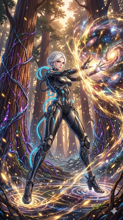 score_9, masterpiece, best quality, ultra-detailed, Set A: High-budget Anime Keyframe, Japanese woman. Low angle cowboy shot filling the entire 9:16 frame with her statuesque presence. Theme: Abstract Cosmic. unleashing a massive energy wave in a gia