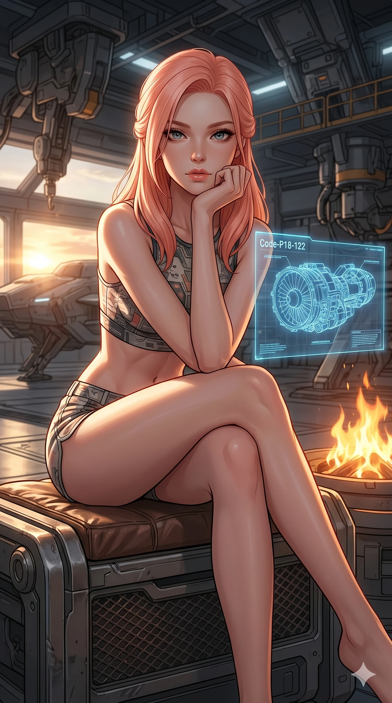 score_9, masterpiece, best quality, ultra-detailed, high-budget anime keyframe, editorial fashion photography, tasteful artistic composition, Japanese woman. cowboy shot from the thighs up, character and outfit filling the frame for maximum editorial presence. sitting near the fire, resting her chin on her hand, looking directly into the camera in a high-tech hangar bay with a holographic blueprint of a cybernetic engine (Code-P18-122). She has an absolutely perfect 8-heads proportion, an exceptionally tall and slender female figure with impossibly long slender legs and an ultra-slim waist. V-shaped jawline, high-bridge nose, intricate jewel-like eyes with depth, thick eyelashes, glossy lips with a natural sheen. wearing a crop top showing her bare midriff and micro-shorts. dramatic chiaroscuro lighting from the setting sun, accentuating her statuesque height. 2k, ultra detail, master piece, 9:16 ratio