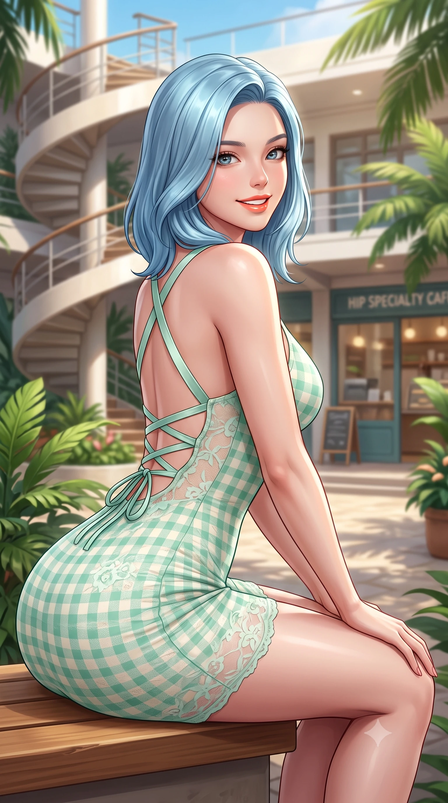 score_9, masterpiece, best quality, ultra-detailed, high-budget anime keyframe, semi-realistic 3D game render, editorial fashion photography, tasteful artistic composition, Korean woman. close-up cowboy shot from the waist and thighs up, the character dominates the composition, filling the frame with her large presence. leaning forward with playful cute grace while arching her lower back to accentuate her curvy hips, looking into the camera with a bright cheerful smile and alluring coquettish bedroom-eyes while sitting on a low teak bench in a lush tropical courtyard beneath curved Streamline Moderne spiral staircases, arching her back with a bright, charming smile. The composition keeps background elements in soft focus with dreamy creamy bokeh. hip specialty cafe storefronts and sunlit courtyards softened in chic tropical shallow focus. She has an exceptionally elegant, slender, and willowy female figure with an ultra-slim waist, flat toned midriff, narrow ribcage, and sculpted feminine hips creating an alluring, slim hourglass silhouette without bulk. sharp v-shaped jawline, high-bridge nose, intricate jewel-like sparkling eyes with depth, thick eyelashes, glossy parted lips with a natural peach sheen, bright cheerful beaming smile with an enchanting and coquettish sensual glint, exuding both youthful cute charm and seductive allure, flawlessly proportioned anatomical accuracy, strict slender model proportions, natural body alignment, perfectly sculpted long slender limbs, ultra-slim waistline, clean dynamic posture without body distortion. wearing a backless lace-up gingham sundress with a form-fitting bodice and hip-defining silhouette in refreshing mint green and soft vanilla cream, made of sheer contouring stretch lace with delicate floral patterns, finished with criss-cross back satin straps highlighting her graceful shoulder blades, the form-fitting cut adhering flawlessly to her sculpted flat midriff and slender torso, emphasizing her long leg lines and perfectly proportioned willowy build. illuminated by soft wall bounce light sharply sculpting her razor-sharp jawline, narrow waist, and curvy hips. highly saturated vibrant anime colors, detailed shading with soft gradients, rich glossy textures, high-contrast stereoscopic depth, volumetric dynamic lighting, master piece, 9:16 ratio