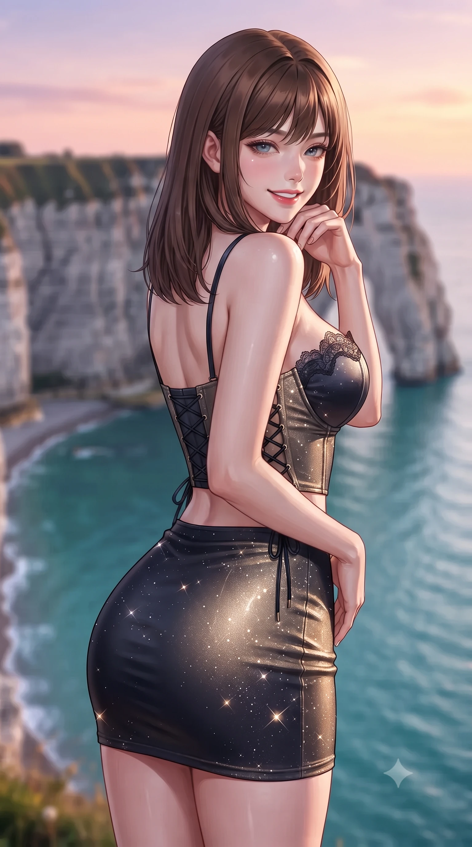 score_9, masterpiece, best quality, ultra-detailed, high-budget anime keyframe, editorial fashion photography, tasteful artistic composition, Korean woman. close-up cowboy shot from the waist and thighs up, the character dominates the composition, filling the frame with her large presence. resting one elbow on the table and supporting her chin, leaning close to the camera with heavy-lidded sparkling eyes and parted lips while posing in an alluring rear three-quarter angle with hips cocked back, glancing over her shoulder with an enchanting, parted-lip smile. The background shows a soft-focus monumental white chalk cliffs plunging into turquoise Channel waters, naturally carved rock arch, and rose-gold sunset sky blurred into alabaster, cyan, and rose bokeh. She has an exceptionally elegant, slender, and willowy female figure with an ultra-slim waist, flat toned midriff, narrow ribcage, and sculpted feminine hips creating an alluring, slim hourglass silhouette without bulk. sharp v-shaped jawline, high-bridge nose, intricate jewel-like sparkling eyes with depth, thick eyelashes, glossy parted lips with a natural peach sheen, bright cheerful beaming smile with an enchanting and coquettish sensual glint, exuding both youthful cute charm and seductive allure, flawlessly proportioned anatomical accuracy, strict slender model proportions, natural body alignment, perfectly sculpted long slender limbs, ultra-slim waistline, clean dynamic posture without body distortion. wearing a sculpted satin underwire crop bustier with lace-up side ties paired with a micro skirt in deep midnight obsidian black and champagne gold, woven from stretch metallic lurex jersey casting radiant starlight glints across her curves, finished with scalloped eyelash lace trim framing her sweetheart neckline with intimate elegance, the liquid-tight tailored fabric clinging flawlessly to her narrow waist and rounded feminine hips, emphasizing every millimeter of her sculpted slim hourglass curves without any bulky heaviness. bathed in saturated 2800K late-evening Normandy sunset alpenglow transitioning into violet dusk. ultra-reflective glossy finish, specular highlights, rich textural contrasts, high-contrast stereoscopic depth, volumetric dynamic lighting, 2k, ultra detail, master piece, 9:16 ratio