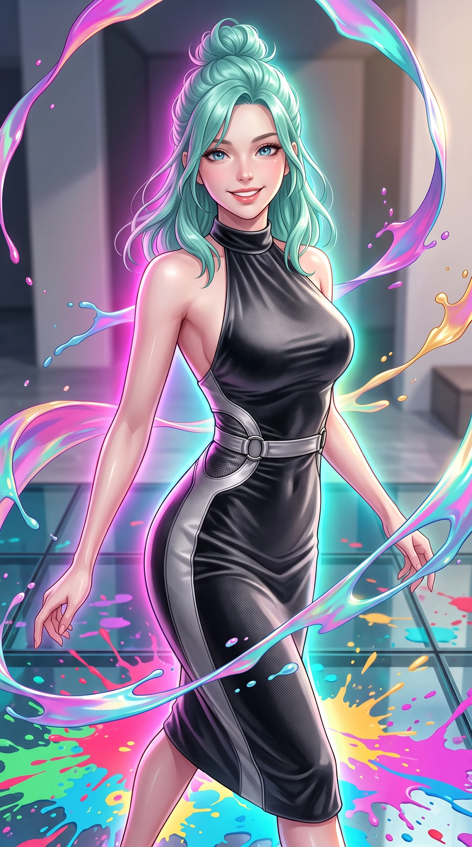 score_9, masterpiece, best quality, ultra-detailed, high-budget anime keyframe, editorial fashion photography, tasteful artistic composition, Japanese woman. close-up cowboy shot from the waist and thighs up, the character dominates the composition, filling the frame with her large presence, background elements kept in soft focus. Gazing directly into the camera with a joyful, infectious smile as her torso curves dynamically in mid-stride while pivoting gracefully on a reflective glass floor drenched in vibrant multi-color paint splashes, vibrant ribbons of opal paint and color splashes frozen in mid-air around her figure. She has an exceptionally elegant, slender, and willowy female figure with an ultra-slim waist, a gracefully sculpted slender torso, and a refined silhouette. sharp v-shaped jawline, high-bridge nose, intricate jewel-like eyes with depth, thick eyelashes, glossy lips with a natural sheen, flawlessly proportioned anatomical accuracy, natural body alignment, perfectly sculpted elegant limbs, clean dynamic posture without body distortion. wearing a velvet halter-neck midi dress following her form like a glove in charcoal grey and platinum, made of fine carbon-fiber weave and soft matte leather, accented with delicate chrome ring hardware framing her waist, the form-contouring material highlighting her ultra-slim waist and long lines. surrounded by a radiant glow of magenta, aqua, and golden fluid highlights. ultra-reflective glossy finish, specular highlights, metallic sheen, high-contrast stereoscopic depth, volumetric dynamic lighting, 2k, ultra detail, master piece, 9:16 ratio