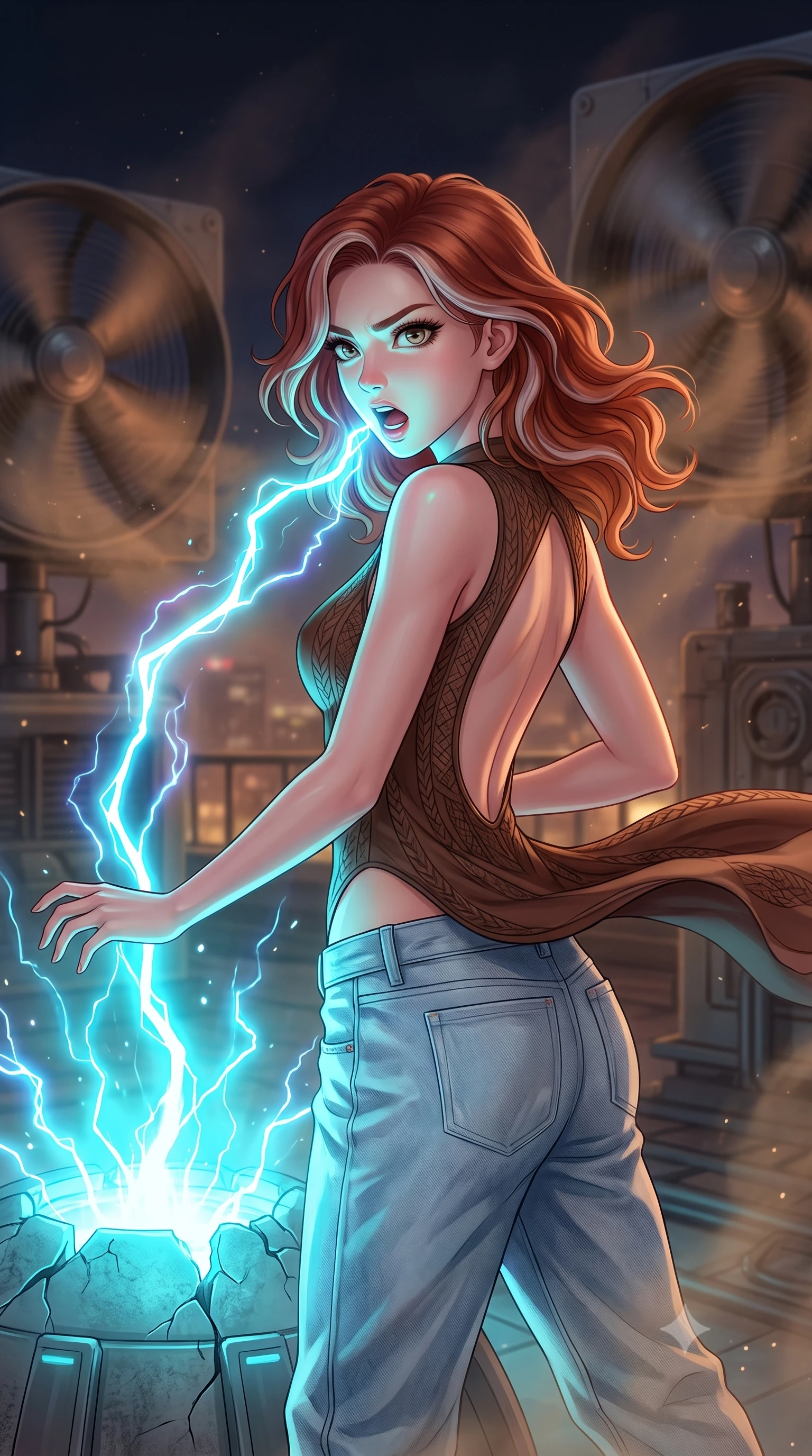 score_9, masterpiece, best quality, ultra-detailed, high-budget anime keyframe, editorial fashion photography, tasteful artistic composition, Caucasian woman, strictly human ears. close-up cowboy shot from the waist and thighs up, the character dominates the composition, filling the frame with her large presence, background elements kept in soft focus. Overloading the reactor core, her face illuminated by the bright cyan electrical energy arcing around her. set against a soft-focus background of a high rooftop terrace covered in giant spinning industrial fans, blowing heavy warm air and dust into the night sky. She has an exceptionally elegant and slender, willowy female figure with an ultra-slim waist, a gracefully sculpted slender torso, and a refined slim physique. sharp v-shaped jawline, high-bridge nose, intricate jewel-like eyes with depth, thick eyelashes, glossy lips with a natural sheen. wearing the lightweight fabric rippling and billowing dramatically with her movement, a tailored chocolate brown bodysuit with an open back, paired with high-waisted light-wash boyfriend jeans. highly saturated vibrant anime colors, intense vivid color palette, soft 3D volumetric shading, volumetric dynamic lighting, pulsing electric blue plasma arc lighting rising dramatically from below. 2k, ultra detail, master piece, 9:16 ratio