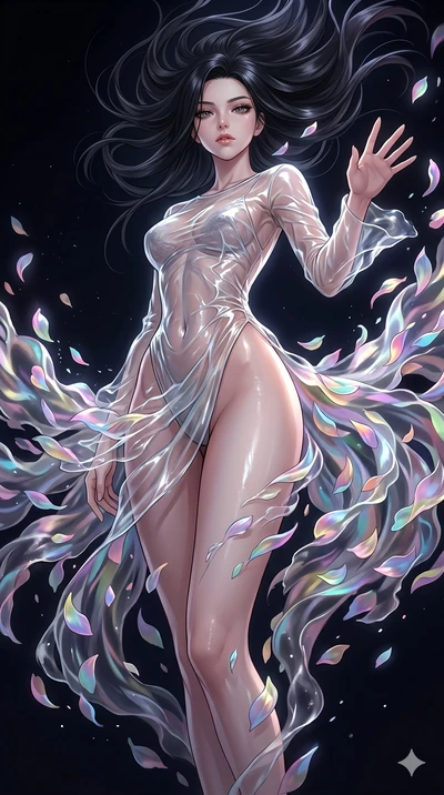 score_9, masterpiece, best quality, ultra-detailed, High-budget Anime Keyframe, East Asian woman. Low angle cowboy shot filling the entire 9:16 frame with her statuesque presence. Scenario 81: Dissolving into a cloud of iridescent silk petals in a vo