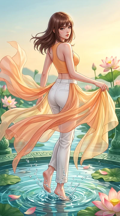 score_9, masterpiece, best quality, ultra-detailed, high-budget anime keyframe, semi-realistic 3D game render, editorial fashion photography, tasteful artistic composition, Korean woman. low angle full-body shot from head to toe showing her feet, fil