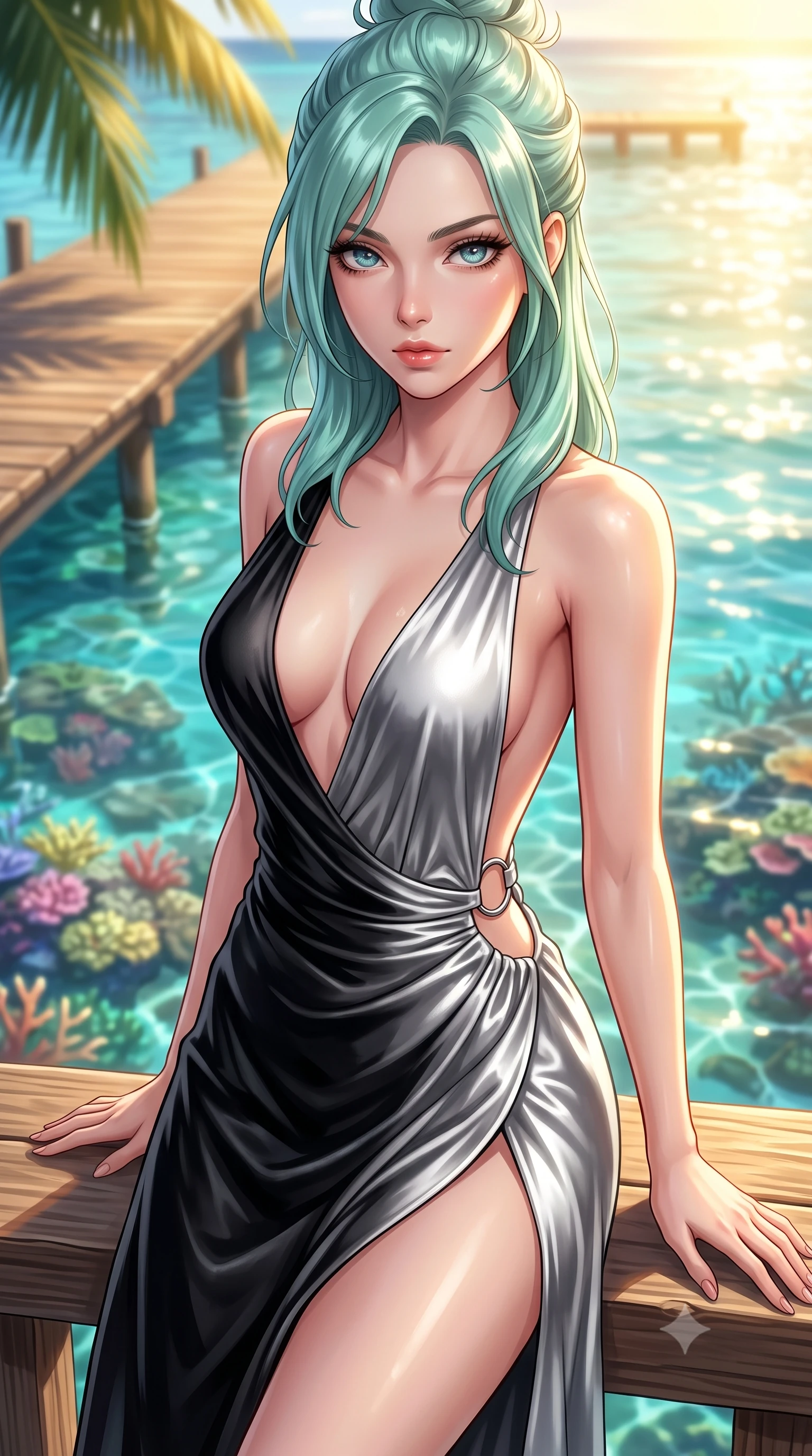 score_9, masterpiece, best quality, ultra-detailed, high-budget anime keyframe, editorial fashion photography, tasteful artistic composition, Japanese woman. close-up cowboy shot from the waist and thighs up, the character dominates the composition, filling the frame with her large presence, background elements kept in soft focus. Leaning slightly forward with a composed, seductive gaze under soft glowing light poised on a palm-shaded wooden pier leading into crystal-clear tropical water, crystal-clear water revealing vibrant coral reefs beneath the surface. She has an exceptionally elegant, slender, and willowy female figure with an ultra-slim waist, a gracefully sculpted slender torso, and a refined silhouette. sharp v-shaped jawline, high-bridge nose, intricate jewel-like eyes with depth, thick eyelashes, glossy lips with a natural sheen. wearing a backless crushed velvet gown with a deep V-neckline and high thigh slit in matte black and polished silver, crafted from lustrous satin jersey with fluid draping, accented with delicate chrome ring hardware framing her waist, the sleek second-skin texture accentuating her magnetic presence. bathed in intense golden tropical sunshine and shimmering water reflections. highly saturated vibrant anime colors, detailed shading with soft gradients, rich glossy textures, high-contrast stereoscopic depth, volumetric dynamic lighting, master piece, 9:16 ratio