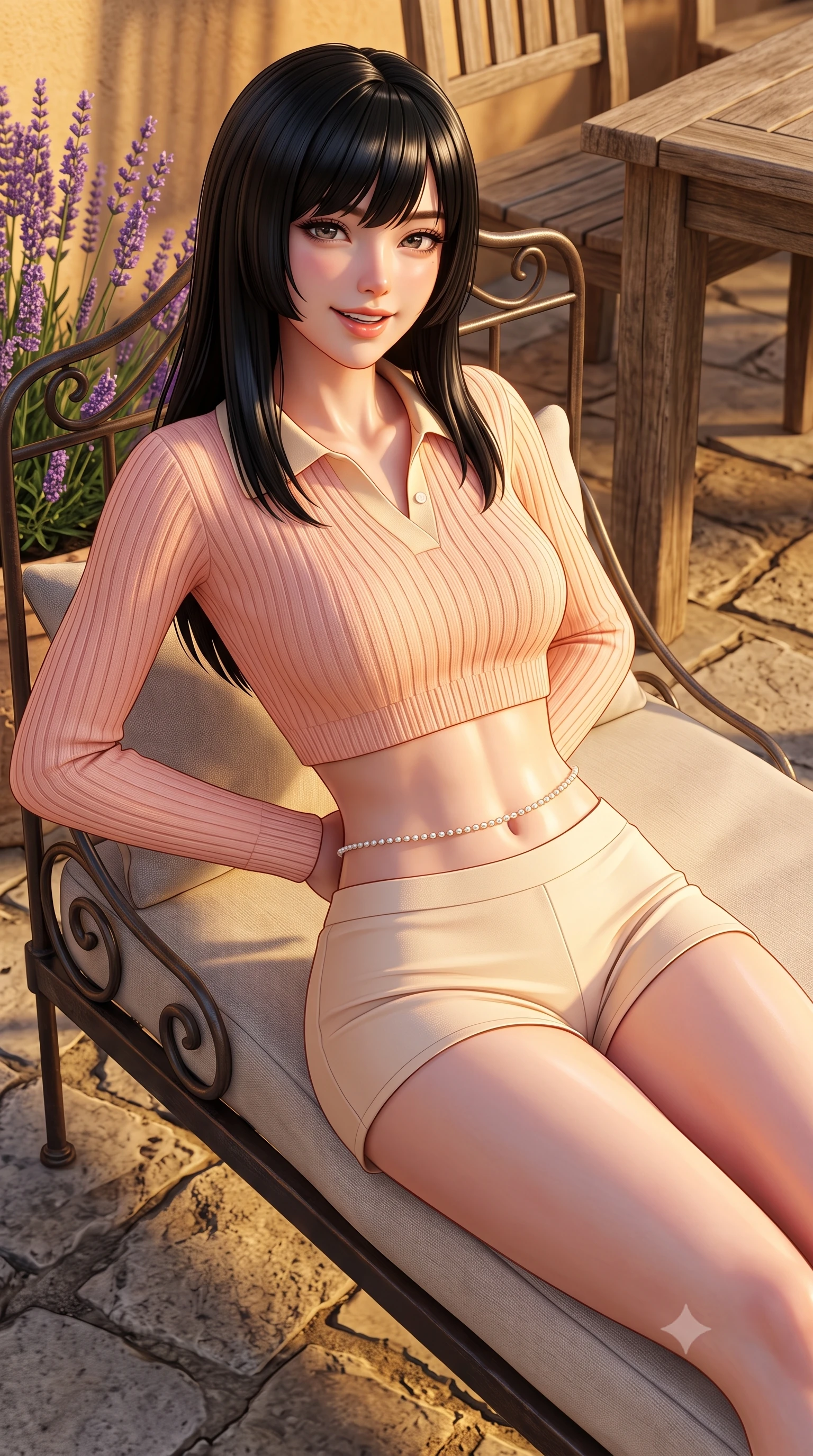score_9, masterpiece, best quality, ultra-detailed, high-budget anime keyframe, semi-realistic 3D game render, editorial fashion photography, tasteful artistic composition, Caucasian woman. close-up cowboy shot from the waist and thighs up, the character dominates the composition, filling the frame with her large presence. resting both hands lightly behind her back while leaning toward the lens with a cheerful, teasing grin, her form-fitting outfit hugging her narrow waist and feminine hip curve while reclining on a vintage iron daybed propped on one elbow, her flat midriff and willowy curves bathed in golden French countryside light. The surrounding environment is rendered in vivid detail and crisp panoramic clarity. sharp limestone flagstone textures, lavender flower spike details, and weathered wood grain in deep focus. She has an exceptionally elegant, slender, and willowy female figure with an ultra-slim waist, flat toned midriff, narrow ribcage, and sculpted feminine hips creating an alluring, slim hourglass silhouette without bulk. sharp v-shaped jawline, high-bridge nose, intricate jewel-like sparkling eyes with depth, thick eyelashes, glossy parted lips with a natural peach sheen, bright cheerful beaming smile with an enchanting and coquettish sensual glint, exuding both youthful cute charm and seductive allure, flawlessly proportioned anatomical accuracy, strict slender model proportions, natural body alignment, perfectly sculpted long slender limbs, ultra-slim waistline, clean dynamic posture without body distortion. wearing a cropped knitted polo sweater paired with high-cut tailored tennis shorts hugging her rounded hips in pastel peach blossom pink and warm champagne ivory, formed from supple second-skin stretch ribbed knit clinging to her form, accented with a dainty pearl waist chain catching the ambient sunlight, the precision-cut side openings and low-back scoop framing her graceful spine and the sensual sweep of her slim, toned hips. illuminated by warm terracotta terrace bounce fill sharply sculpting her sculpted collarbones, ultra-slim waist, and curvy hips. highly saturated vibrant anime colors, detailed shading with soft gradients, rich glossy textures, high-contrast stereoscopic depth, volumetric dynamic lighting, master piece, 9:16 ratio
