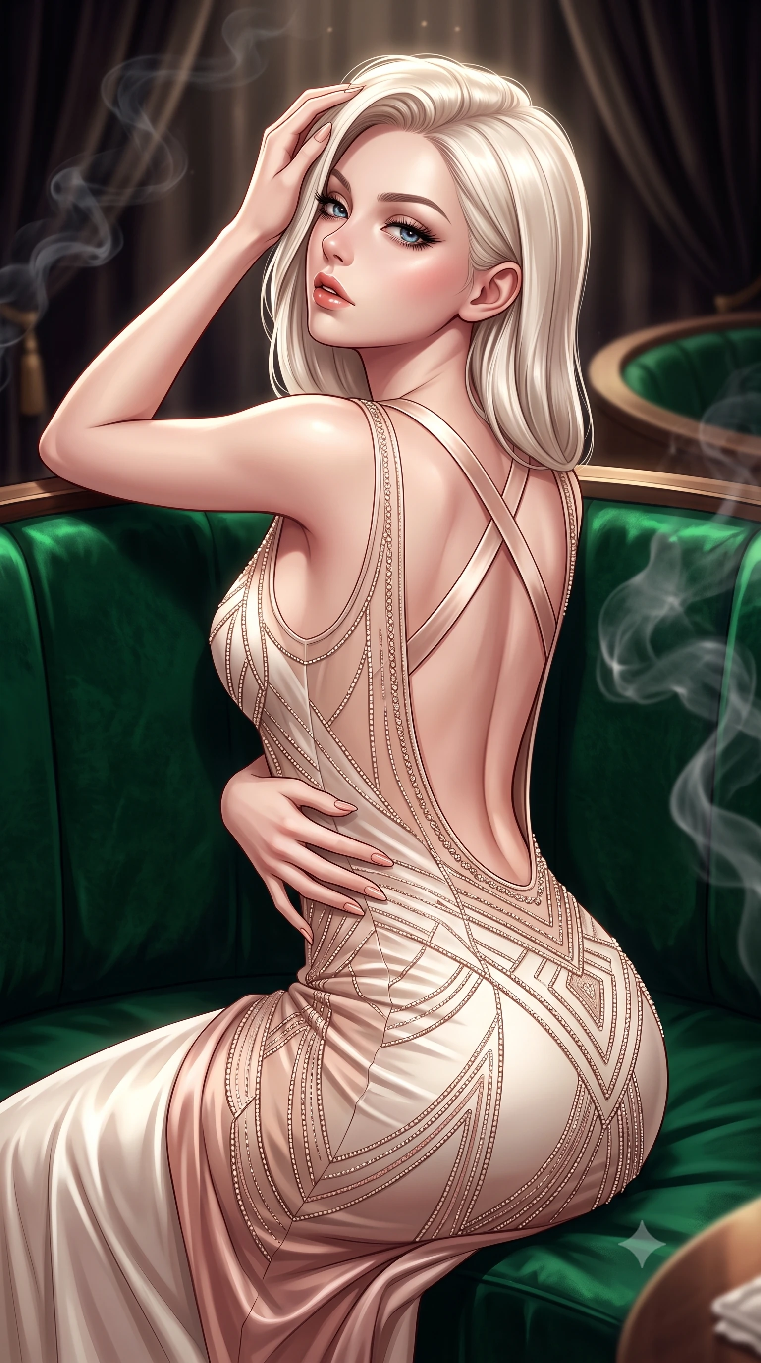 score_9, masterpiece, best quality, ultra-detailed, high-budget anime keyframe, semi-realistic 3D game render, editorial fashion photography, tasteful artistic composition, Caucasian woman. close-up cowboy shot from the waist and thighs up, the character dominates the composition, filling the frame with her large presence. tilting her chin up with proud, sovereign allure while gazing through thick eyelashes, one hand resting on her waist in pure supermodel charisma while lounging languidly in a circular VIP booth of emerald velvet, running fingers through her glossy hair as jazz music drifts. The composition keeps background elements in soft focus with creamy bokeh. drifting cigar smoke wisps and dark velvet draperies softened in luxurious 1920s shallow focus. She has an exceptionally elegant, slender, and willowy female figure with an ultra-slim waist, a gracefully sculpted slender torso, toned flat midriff, and rounded feminine hips creating an alluring hourglass silhouette. sharp v-shaped jawline, high-bridge nose, intricate jewel-like eyes with depth, thick eyelashes, glossy parted lips with a natural sheen, intensely captivating and seductive bedroom-eyes expression, flawlessly proportioned anatomical accuracy, strict slender model proportions, natural body alignment, perfectly sculpted long slender limbs, ultra-slim waistline, clean dynamic posture without body distortion. wearing a sheer vintage mesh flapper dress adorned with intricate geometric beadwork over a silk slip in pristine ivory cream and antique rose gold, made of liquid silk jersey adhering flawlessly to her slender build, finished with criss-cross back satin straps highlighting her graceful shoulder blades, the dramatically scooped open back descending to the base of her spine, accentuating her razor-sharp statuesque lines and curvy hourglass silhouette. surrounded by an opulent, scandalous, and irresistibly intoxicating jazz-age siren aura. highly saturated vibrant anime colors, detailed shading with soft gradients, rich glossy textures, high-contrast stereoscopic depth, volumetric dynamic lighting, master piece, 9:16 ratio