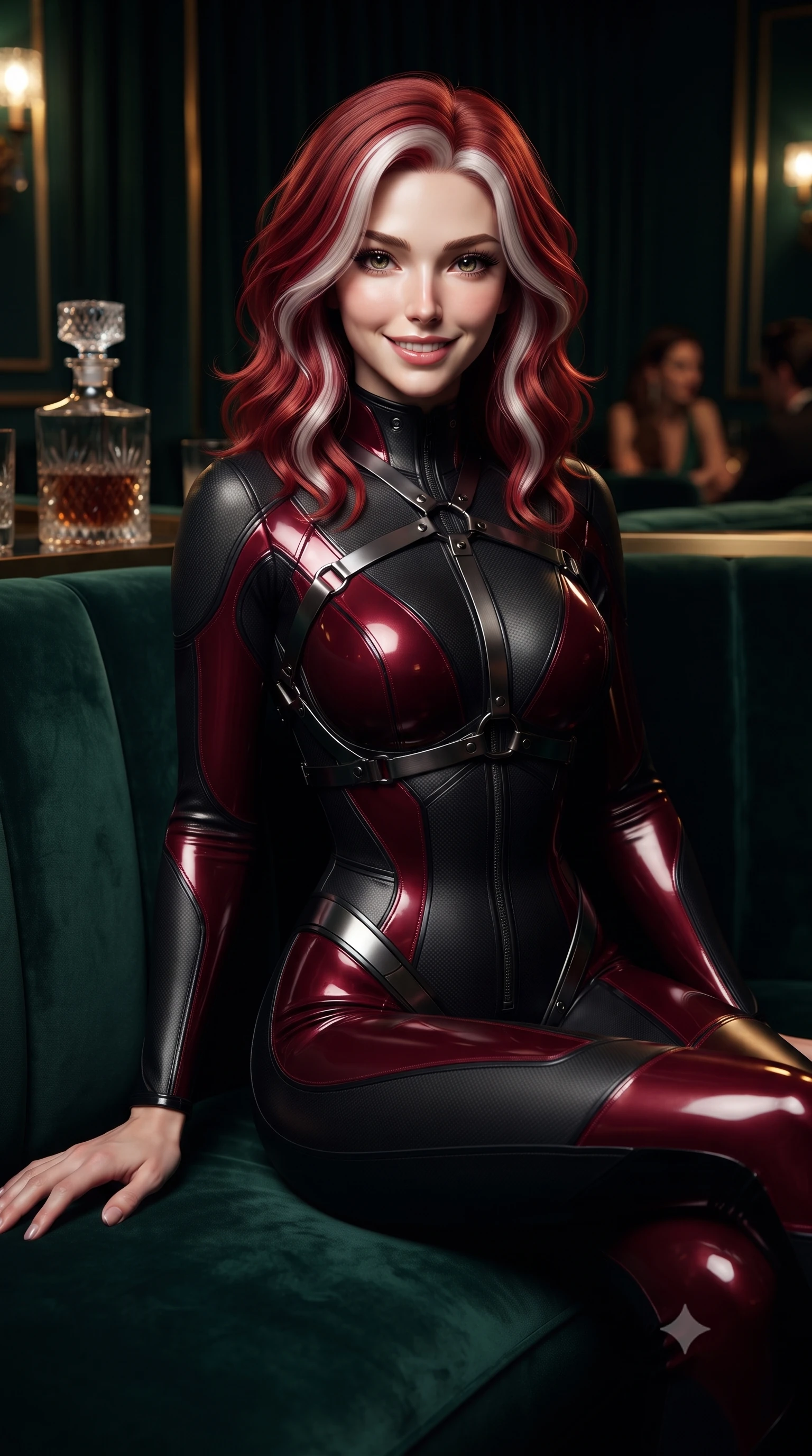 score_9, masterpiece, best quality, ultra-detailed, high-budget anime keyframe, editorial fashion photography, tasteful artistic composition, Caucasian woman. close-up cowboy shot from the waist and thighs up, the character dominates the composition, filling the frame with her large presence, background elements kept in soft focus. Smiling with quiet, magnetic self-assurance directly into the camera, seated composedly in a private VIP speakeasy booth lined with dark emerald velvet, sensual nocturnal ambiance with high-fashion luxury details. She has an exceptionally elegant, slender, and willowy female figure with an ultra-slim waist, a gracefully sculpted slender torso, and a refined silhouette. sharp v-shaped jawline, high-bridge nose, intricate jewel-like eyes with depth, thick eyelashes, glossy lips with a natural sheen. wearing second-skin matte carbon-fiber combat suit in onyx black in deep crimson burgundy, made of high-gloss liquid vinyl, highlighted by a gunmetal metallic harness structure, highlighting her statuesque proportions and ultra-slim waistline. bathed in rich dark emerald and gold tones with high-contrast shadows. highly saturated vibrant anime colors, detailed shading with soft gradients, rich glossy textures, high-contrast stereoscopic depth, volumetric dynamic lighting, master piece, 9:16 ratio
