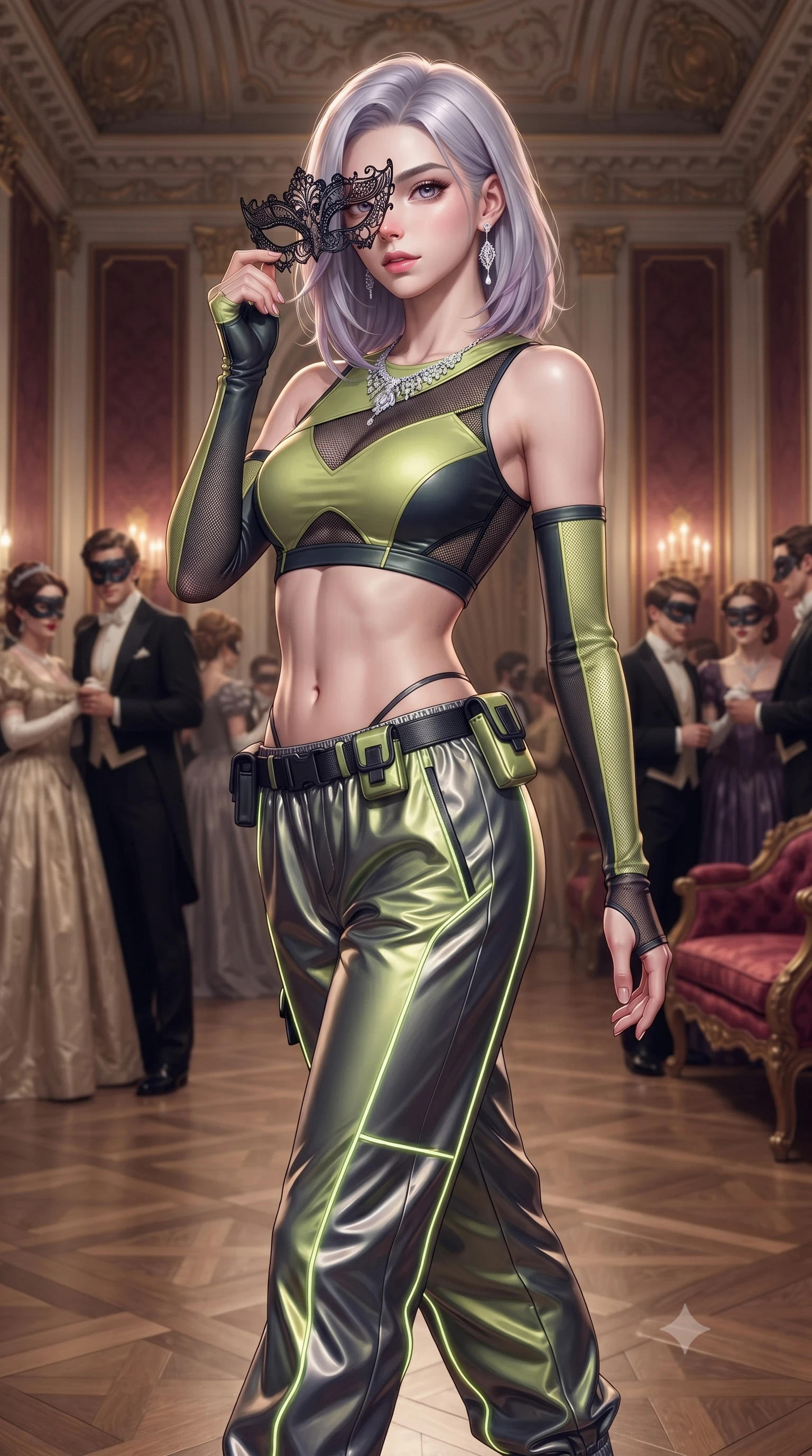 score_9, masterpiece, best quality, ultra-detailed, high-budget anime keyframe, editorial fashion photography, tasteful artistic composition, Caucasian woman. low angle full-body shot from head to toe showing her feet, filling the entire 9:16 vertical frame with her statuesque presence, stretching her vertical silhouette. pivoting dynamically with supreme athletic balance and poise, her impossibly long slender legs creating a breathtaking line while attending a lavish masquerade ball in an opulent baroque mansion, holding an intricate filigree lace mask to her captivating eyes. The surrounding environment is rendered in vivid detail and crisp panoramic clarity. intricate laser-cut filigree mask patterns, sparkling diamond necklace facets, and silk velvet textures in deep focus. She has an absolutely perfect, statuesque 8.5-heads proportion, an exceptionally tall and slender model-like female figure with impossibly long slender legs, a toned flat midriff, and an ultra-slim waist. sharp v-shaped jawline, high-bridge nose, intricate jewel-like eyes with depth, thick eyelashes, glossy lips with a natural sheen, captivating and magnetic expression, flawlessly proportioned anatomical accuracy, strict slender model proportions, natural body alignment, perfectly sculpted long slender limbs, ultra-slim waistline, clean dynamic posture without body distortion. wearing a sporty Y2K mesh-paneled crop top with asymmetrical sleeve warmers and low-slung metallic track pants in acid lime green and dark obsidian, made of breathable technical athletic mesh and liquid-finish track nylon, finished with glowing fiber-optic seam piping and miniature utility pouches, the precision-cut daring openings accentuating her delicate midriff, graceful bare collarbones, and ultra-slim feminine waistline. illuminated by crisp specular highlights tracing her bare clavicle, ultra-slim waist, and flowing gown. ultra-reflective glossy finish, specular highlights, rich textural contrasts, high-contrast stereoscopic depth, volumetric dynamic lighting, 2k, ultra detail, master piece, 9:16 ratio
