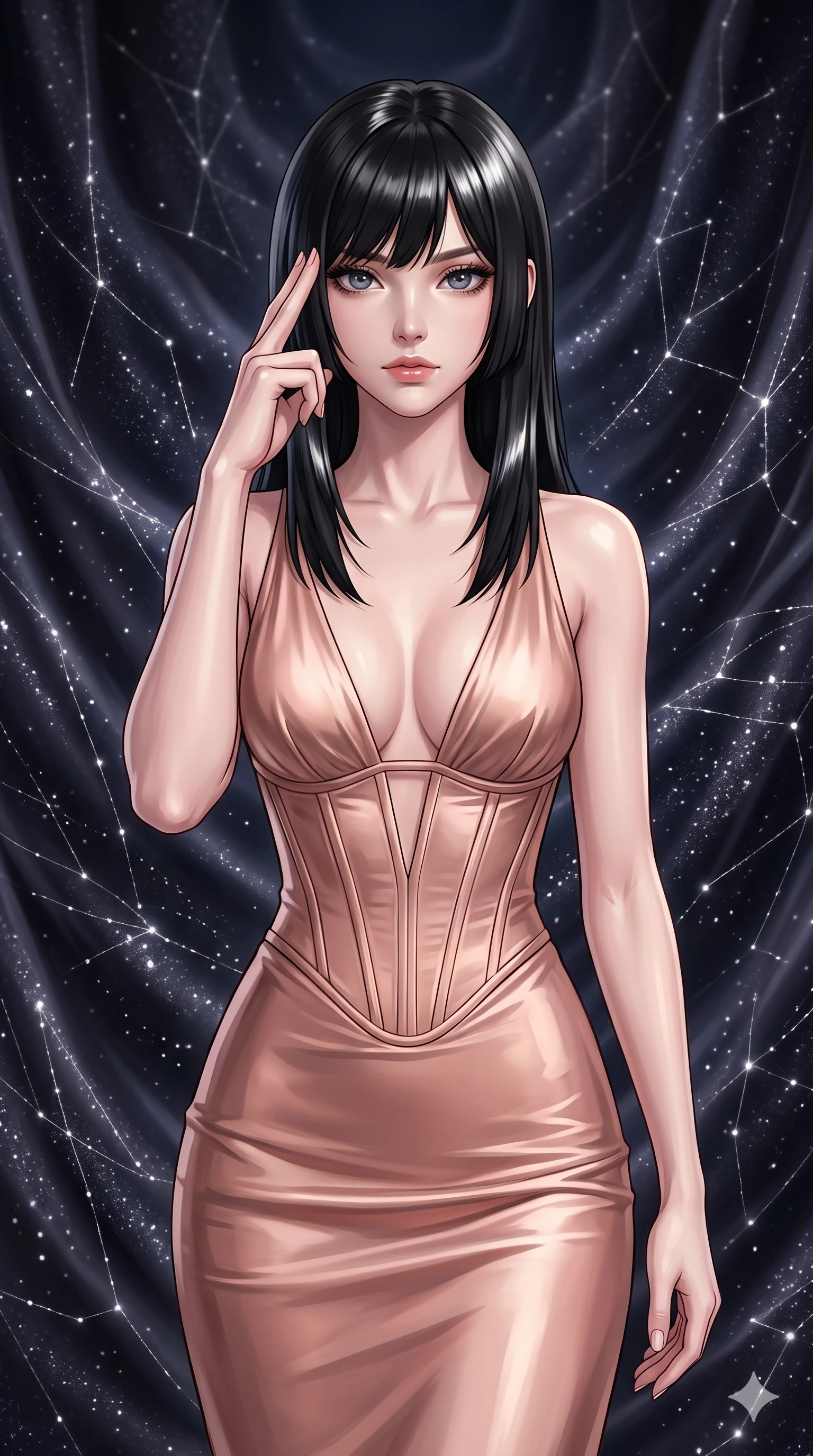 score_9, masterpiece, best quality, ultra-detailed, high-budget anime keyframe, editorial fashion photography, tasteful artistic composition, Caucasian woman, strictly human ears. close-up cowboy shot from the waist and thighs up, the character dominates the composition, filling the frame with her large presence, background elements kept in soft focus. Pressing two fingers to her temple in a composed thoughtful gesture. set against a soft-focus background of a chamber woven entirely from visible dark matter that shimmers like the darkest silk threaded with captured starlight the walls undulating slowly like cosmic fabric breathing in gravitational waves. She has an exceptionally elegant and slender, willowy female figure with an ultra-slim waist, a gracefully sculpted slender torso, and a refined slim physique. sharp v-shaped jawline, high-bridge nose, intricate jewel-like eyes with depth, thick eyelashes, glossy lips with a natural sheen. wearing a floor-length gown in liquid rose gold, featuring an ultra-deep plunging V-neckline and a highly structured bodice. subtle starlight threads woven into the dark matter fabric creating a network of fine luminous lines against absolute darkness like a constellation map made textile. 2k, ultra detail, master piece, 9:16 ratio