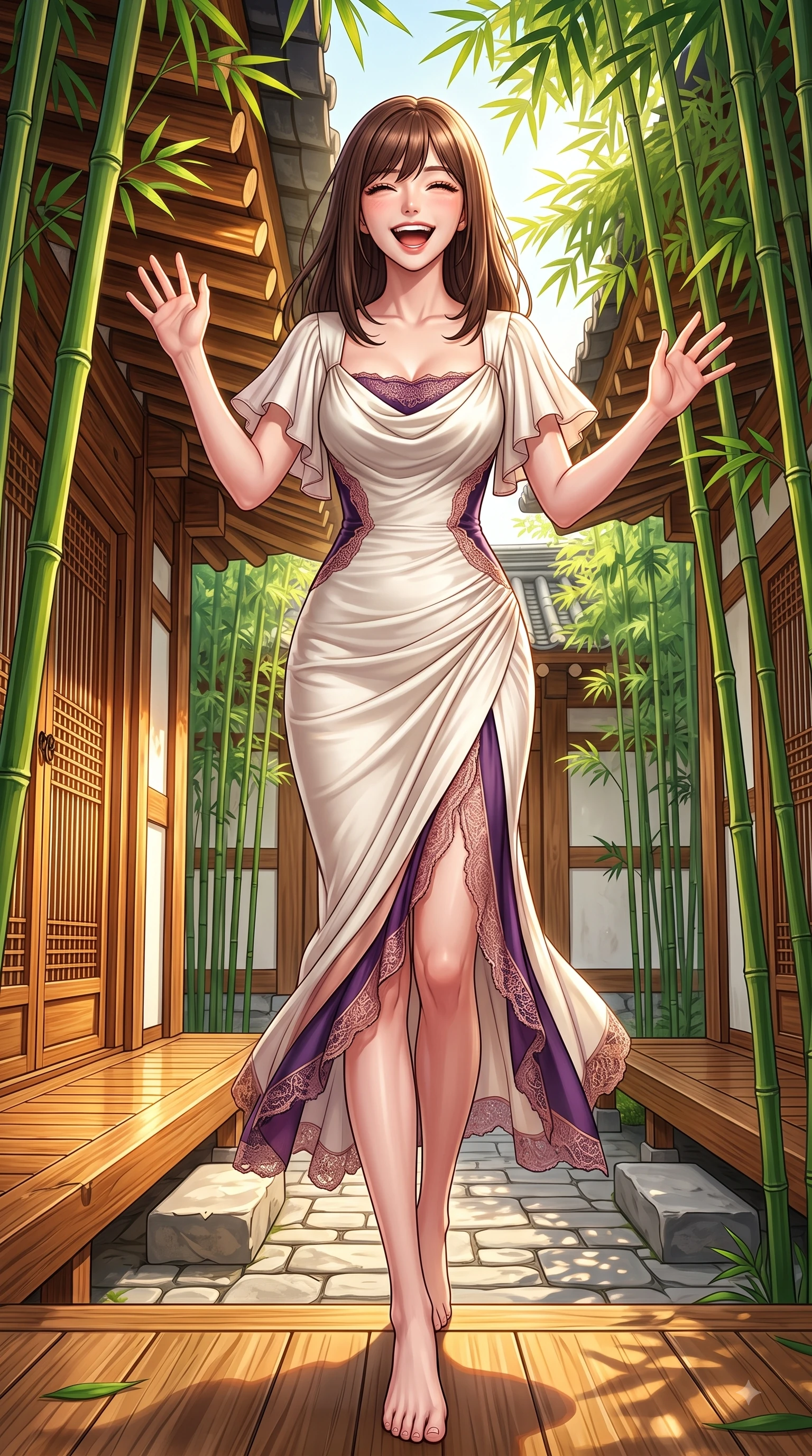 score_9, masterpiece, best quality, ultra-detailed, high-budget anime keyframe, editorial fashion photography, tasteful artistic composition, Korean woman. low angle full-body shot from head to toe showing her feet, filling the entire 9:16 vertical frame with her statuesque presence, stretching her vertical silhouette. Ecstatic joyful laughter with eyes crinkling in pure delight and vibrant energy filling her dynamic posture while stepping gracefully through a sunlit Hanok courtyard surrounded by tall green bamboo stalks. The surrounding environment is rendered in vivid detail and crisp panoramic clarity. polished wooden veranda grain, stone courtyard paving, and sunlit bamboo leaves in deep focus. She has an absolutely perfect, statuesque 8.5-heads proportion, an exceptionally tall and slender model-like female figure with impossibly long slender legs and an ultra-slim waist. sharp v-shaped jawline, high-bridge nose, intricate jewel-like eyes with depth, thick eyelashes, glossy lips with a natural sheen, flawlessly proportioned anatomical accuracy, natural body alignment, perfectly sculpted elegant limbs, clean dynamic posture without body distortion. wearing an elegant ivory silk cowl-neck dress with fluid draped lines in deep amethyst purple and rose gold, made of fine lace weave and soft satin jersey, featuring elegant flutter sleeves and a graceful square neckline, the sleek second-skin fit accentuating her magnetic presence. illuminated by warm golden sunlight reflecting off polished wooden verandas. highly saturated vibrant anime colors, detailed shading with soft gradients, rich glossy textures, high-contrast stereoscopic depth, volumetric dynamic lighting, master piece, 9:16 ratio