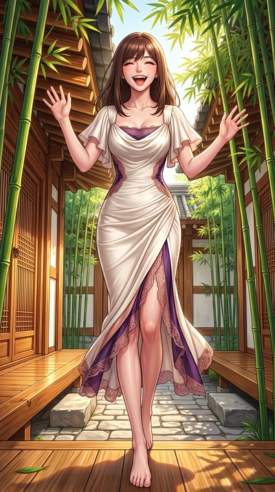 score_9, masterpiece, best quality, ultra-detailed, high-budget anime keyframe, editorial fashion photography, tasteful artistic composition, Korean woman. low angle full-body shot from head to toe showing her feet, filling the entire 9:16 vertical f