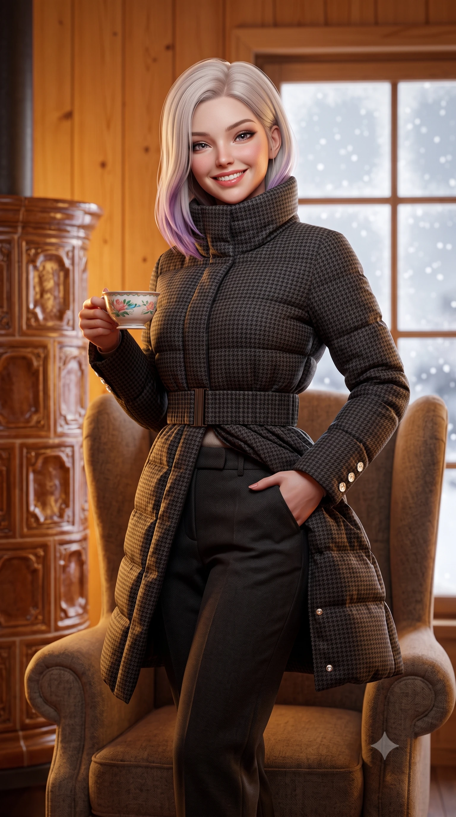 score_9, masterpiece, best quality, ultra-detailed, high-budget anime keyframe, semi-realistic 3D game render, editorial fashion photography, tasteful artistic composition, Caucasian woman. close-up cowboy shot from the waist and thighs up, the character dominates the composition, filling the frame with her large presence. standing poised with one hand slipped into her tailored trouser pocket, head tilted in a friendly, engaging expression while curled up comfortably in an oversized wool wingback chair beside a traditional ceramic tile stove, smiling warmly with teacup in hand. The background shows a soft-focus softly falling snowflakes outside frosted panes softened in intimate alpine winter hideaway shallow focus. She has an exceptionally elegant, slender, and willowy female figure with an ultra-slim waist, flat toned midriff, narrow ribcage, and sculpted feminine hips creating an alluring, slim hourglass silhouette without bulk. sharp v-shaped jawline, high-bridge nose, intricate jewel-like sparkling eyes with depth, thick eyelashes, glossy parted lips with a natural peach sheen, bright cheerful beaming smile with an enchanting and coquettish sensual glint, exuding both youthful cute charm and seductive allure, flawlessly proportioned anatomical accuracy, strict slender model proportions, natural body alignment, perfectly sculpted long slender limbs, ultra-slim waistline, clean dynamic posture without body distortion. wearing a tailored quilted down coat with a cinched elastic belt and high funnel neck over thermal knit layers in classic Savile Row charcoal houndstooth and crisp ivory, crafted from ultra-soft Mongolian cashmere with exquisite insulating warmth and tactile softness, finished with fine mother-of-pearl cuff buttons catching the soft ambient light, the structured cinched belt emphasizing her narrow waistline and gracefully balanced proportions with timeless haute-couture polish. illuminated by honey pine wall reflection bounce and warm buttery rim lights sculpting her features and slender hourglass curves. highly saturated vibrant anime colors, detailed shading with soft gradients, rich glossy textures, high-contrast stereoscopic depth, volumetric dynamic lighting, master piece, 9:16 ratio