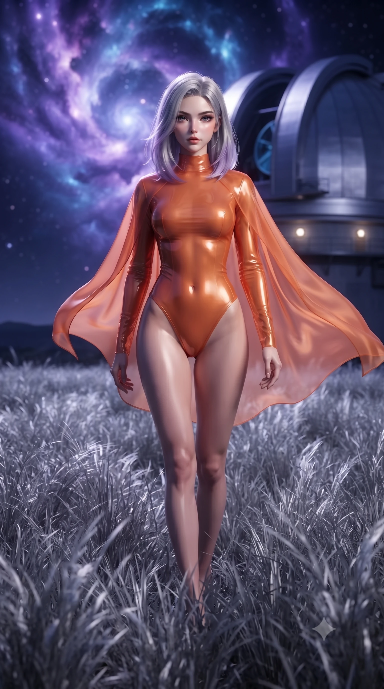 score_9, masterpiece, best quality, ultra-detailed, High-budget Anime Keyframe, editorial fashion photography, tasteful artistic composition, realistic cosplay photography, Caucasian woman, strictly human ears. Low angle cowboy shot filling the entire 9:16 frame with her statuesque presence. Scenario 543: walking through a field of tall silver grass at a high-altitude observatory dome under a swirling violet nebula. Her presence is magnetic and overpowering in this high-budget cinematic scene. Outfit 543: a form-contouring sunset orange sheer organza bodysuit draped with a semi-transparent chiffon cape. The clothing is designed to emphasize her exceptionally tall and slender 8-heads proportion. 8-heads proportion, towering silhouette, ultra-slim waist. sharp v-shaped jawline, intricate jewel-like eyes with depth, thick eyelashes, glossy lips. ultra-reflective glossy finish, specular highlights, metallic sheen, high-contrast stereoscopic depth, volumetric dynamic lighting, 2k, ultra detail, master piece, 9:16 ratio