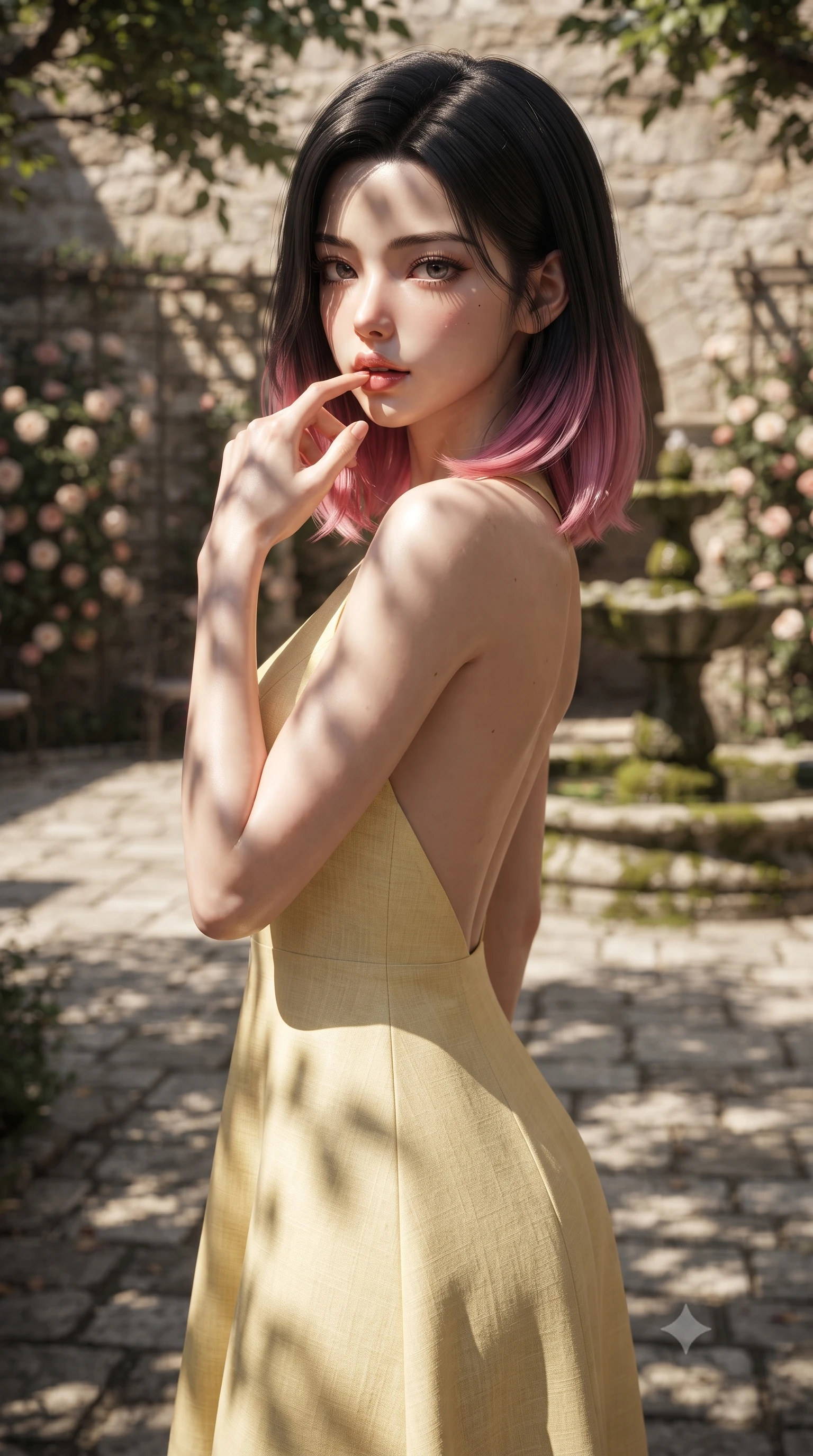 score_9, masterpiece, best quality, ultra-detailed, high-budget anime keyframe, editorial fashion photography, tasteful artistic composition, Korean woman woman. close-up cowboy shot from the waist and thighs up, the character dominates the composition, filling the frame with her large presence, background elements kept in soft focus. pressing one finger to her bottom lip in a thoughtful, seductive gesture under the warm sun the background shows a soft-focus a quiet stone patio of a historic villa, with a mossy fountain and roses. She has an exceptionally elegant, slender, and willowy female figure with an ultra-slim waist, a gracefully sculpted slender torso, and a refined silhouette. sharp v-shaped jawline, high-bridge nose, intricate jewel-like eyes with depth, thick eyelashes, glossy lips with a natural sheen. wearing a tailored backless summer sundress in pale yellow linen, showing her elegant shoulder blades. dappled sunlight filtering through the trees, casting organic shadows on the ground. ultra-reflective glossy finish, specular highlights, metallic sheen, high-contrast stereoscopic depth, volumetric dynamic lighting, 2k, ultra detail, master piece, 9:16 ratio