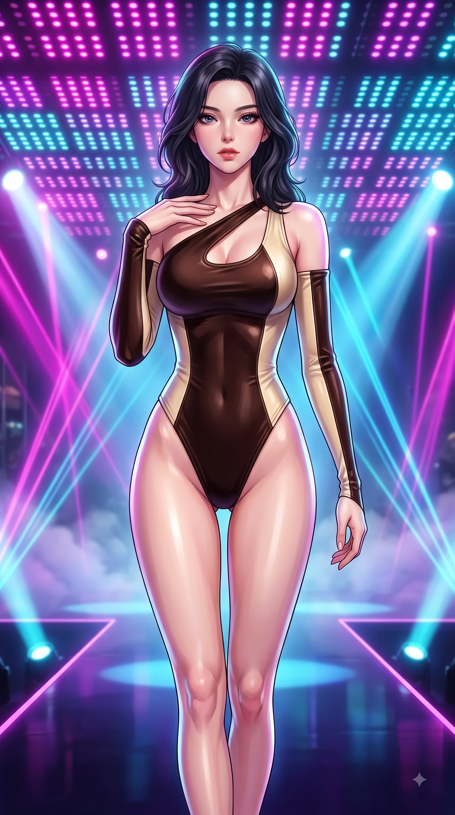 score_9, masterpiece, best quality, ultra-detailed, high-budget anime keyframe, editorial fashion photography, tasteful artistic composition, Korean woman. close-up cowboy shot from the waist and thighs up, the character dominates the composition, filling the frame with her large presence, background elements kept in soft focus. Pivoting her torso in an alluring S-curve alignment, one hand gently tracing her collarbone with poise while walking down a shiny dark stage catwalk under pulsing magenta and cyan LED arrays, intense volumetric laser beams cutting through stage fog in magenta and cyan. She has an exceptionally elegant, slender, and willowy female figure with an ultra-slim waist, a gracefully sculpted slender torso, and a refined silhouette. sharp v-shaped jawline, high-bridge nose, intricate jewel-like eyes with depth, thick eyelashes, glossy lips with a natural sheen, flawlessly proportioned anatomical accuracy, natural body alignment, perfectly sculpted elegant limbs, clean dynamic posture without body distortion. wearing an asymmetrical high-cut tech-bodysuit with detached sleeves in espresso brown and warm cream, made of premium stretch velvet with a rich sheen, accented with a Tasteful chest slit framing her clavicle gracefully, the form-contouring material highlighting her ultra-slim waist and long lines. bathed in intense volumetric stage spotlights and vivid neon rim lights. highly saturated vibrant anime colors, detailed shading with soft gradients, rich glossy textures, high-contrast stereoscopic depth, volumetric dynamic lighting, master piece, 9:16 ratio