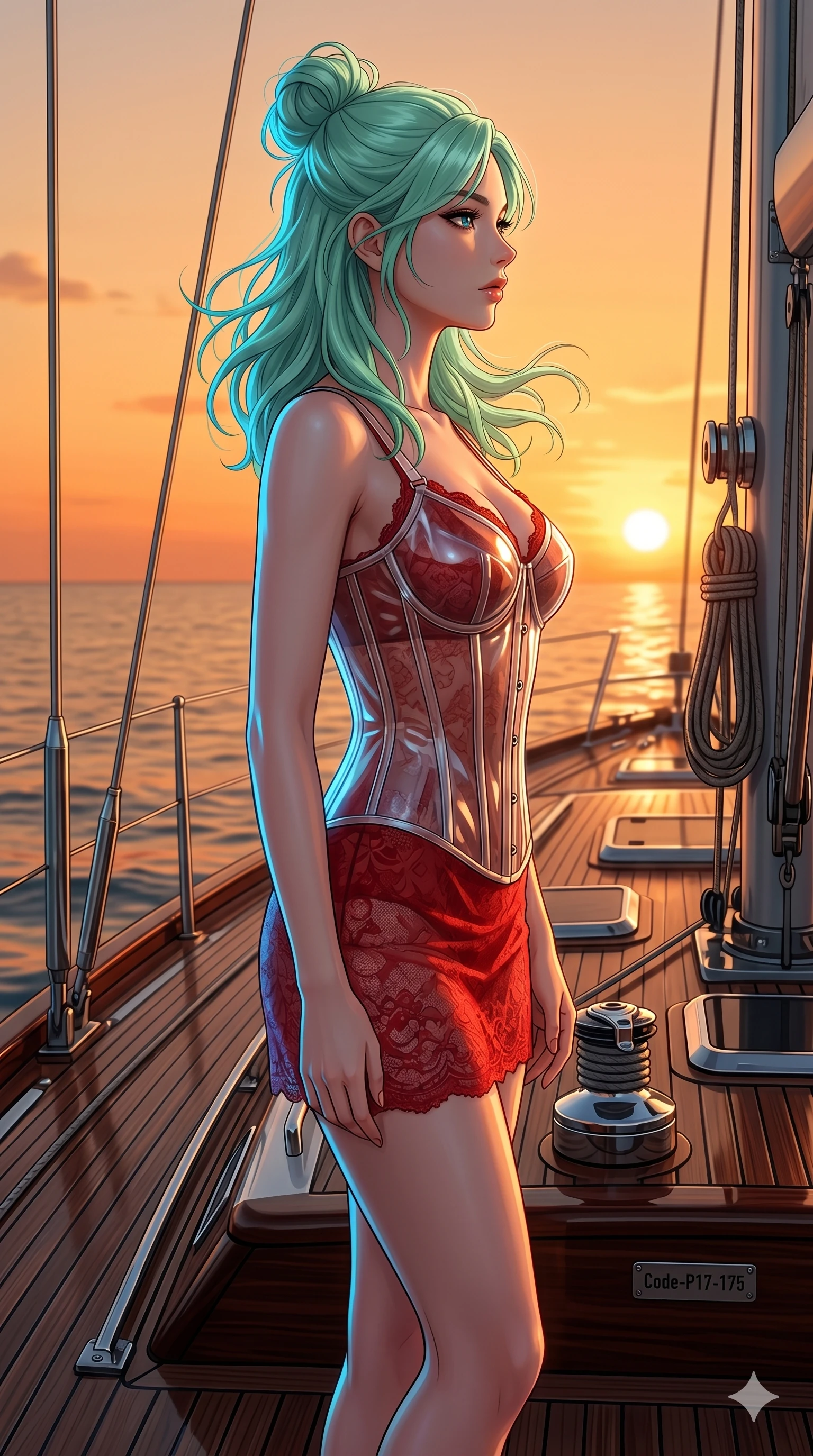 score_9, masterpiece, best quality, ultra-detailed, high-budget anime keyframe, editorial fashion photography, tasteful artistic composition, Japanese woman. cowboy shot from the thighs up, character and outfit filling the frame for maximum editorial presence. standing tall, her face turned in profile to catch the wind on a yacht deck at sunset (Code-P17-175). She has an absolutely perfect 8-heads proportion, an exceptionally tall and slender female figure with impossibly long slender legs and an ultra-slim waist. V-shaped jawline, high-bridge nose, intricate jewel-like eyes with depth, thick eyelashes, glossy lips with a natural sheen. wearing a transparent PVC corset over a red lace slip dress. bright cinematic volumetric lighting with a cool blue rim light tracing her contours. 2k, ultra detail, master piece, 9:16 ratio