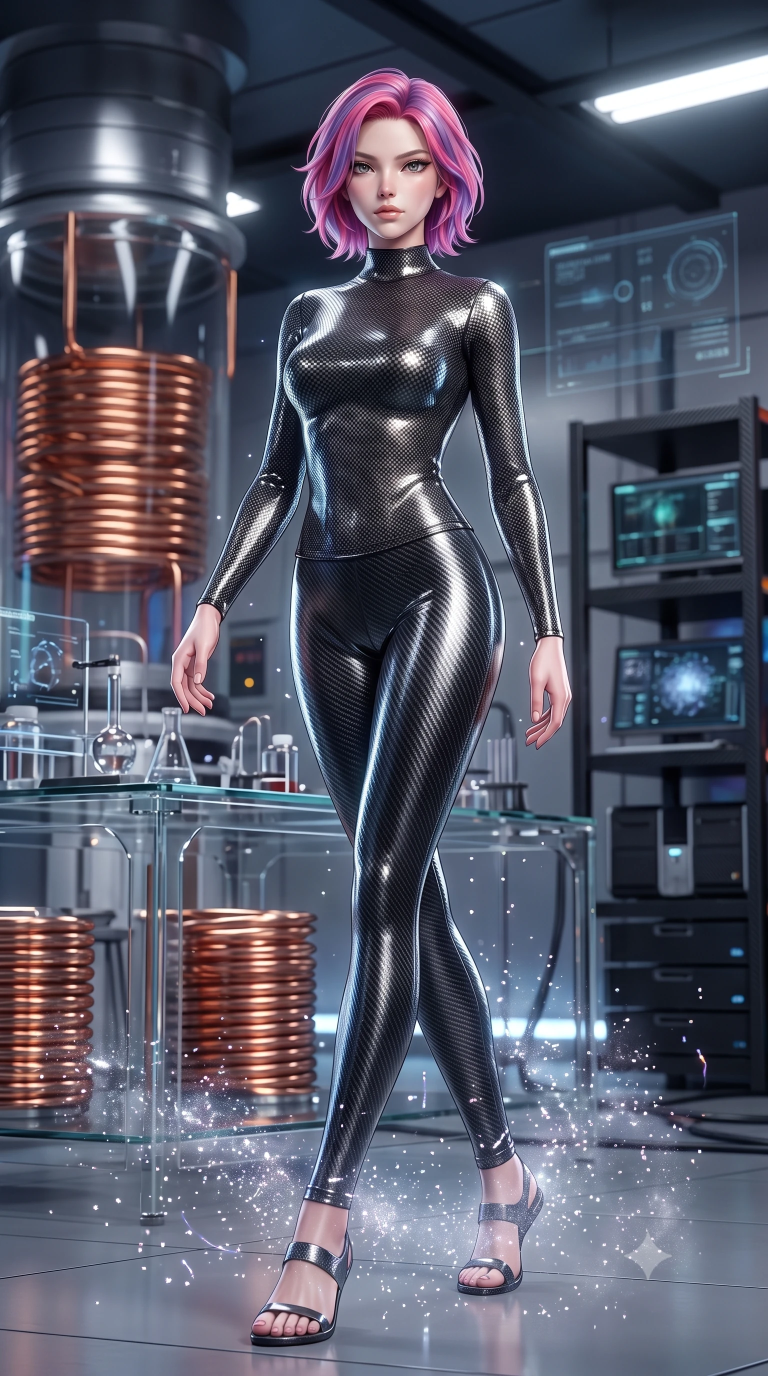 score_9, masterpiece, best quality, ultra-detailed, high-budget anime keyframe, editorial fashion photography, tasteful artistic composition, Caucasian woman. low angle full-body shot from head to toe showing her feet, filling the entire 9:16 vertical frame with her statuesque presence, stretching her vertical silhouette. stepping gracefully through floating stardust particles, her body-contouring suit showing her athletic, slender silhouette, the background shows a soft-focus a quantum core test laboratory with glass tables, copper coils, and carbon racks. She has an absolutely perfect, statuesque 8.5-heads proportion, an exceptionally tall and slender model-like female figure with impossibly long slender legs and an ultra-slim waist. sharp v-shaped jawline, high-bridge nose, intricate jewel-like eyes with depth, thick eyelashes, glossy lips with a natural sheen. wearing a slim-fit body-hugging carbon-mesh mock-neck top paired with tight-fitting carbon-fiber leggings. bright halogen work lights casting clear, detailed front lighting. ultra-reflective glossy finish, specular highlights, metallic sheen, high-contrast stereoscopic depth, volumetric dynamic lighting, 2k, ultra detail, master piece, 9:16 ratio