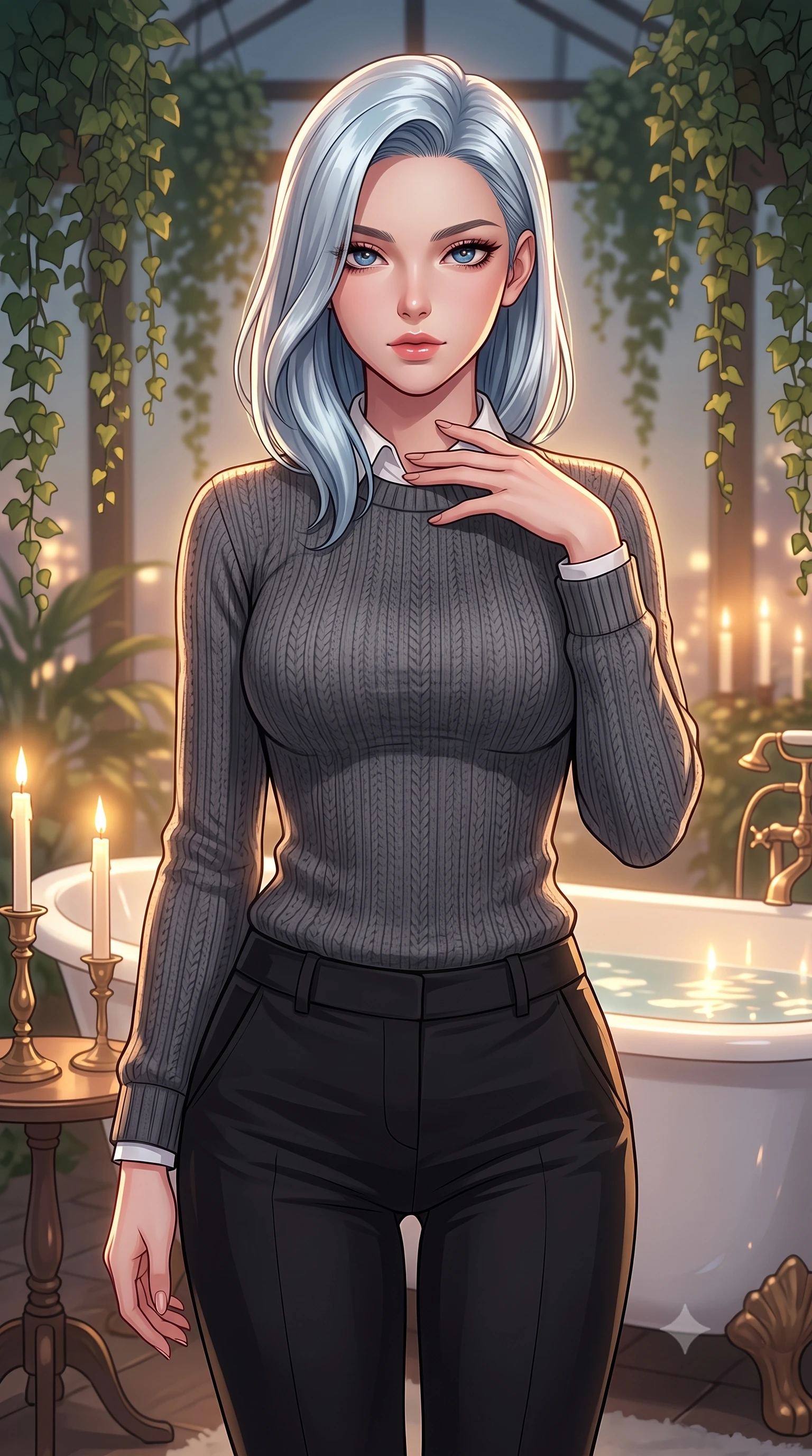 score_9, masterpiece, best quality, ultra-detailed, high-budget anime keyframe, tasteful artistic composition, Korean woman. close-up cowboy shot from the waist and thighs up, the character dominates the composition, filling the frame with her large presence, background elements kept in soft focus. standing with one hand resting on her collarbone, looking at the viewer with bedroom-eyes the background shows a soft-focus a luxurious penthouse greenhouse with hanging ivy and a freestanding white bathtub. She has an exceptionally elegant, slender, and willowy female figure with an ultra-slim waist, a gracefully sculpted slender torso, and a refined silhouette. sharp v-shaped jawline, high-bridge nose, intricate jewel-like eyes with depth, thick eyelashes, glossy lips with a natural sheen. wearing a body-hugging cozy charcoal grey knit sweater over a white collared shirt and black slacks. soft candlelight casting a warm golden glow onto the water surface. highly saturated vibrant anime colors, cel-shading, 2d style, master piece, 9:16 ratio