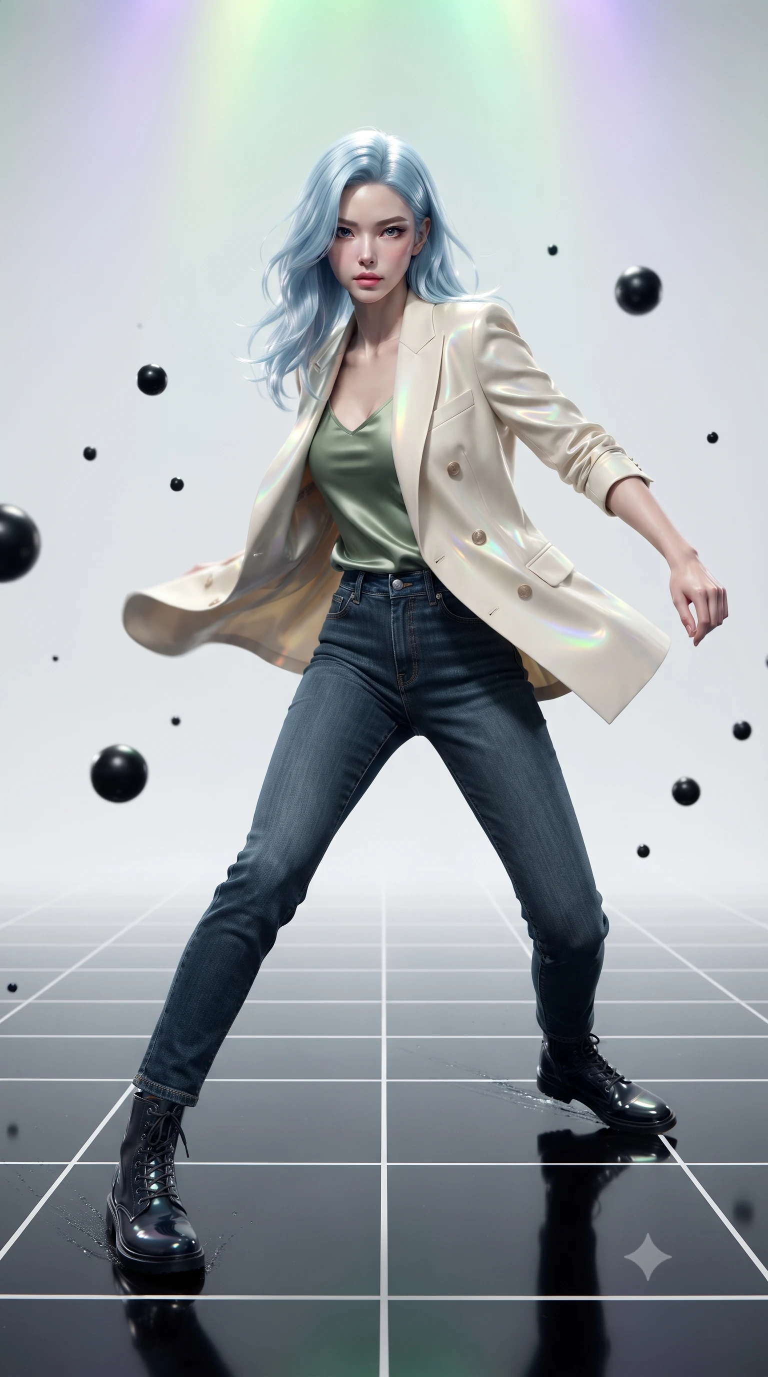 score_9, masterpiece, best quality, ultra-detailed, high-budget anime keyframe, editorial fashion photography, tasteful artistic composition, realistic cosplay photography, Korean woman. low angle full-body shot from head to toe showing her feet, filling the entire 9:16 vertical frame with her statuesque presence, stretching her vertical silhouette. skidding across a slick reflective surface in a low combat stance through an endless white void with a simple black grid on the floor, black spheres of various sizes floating and bouncing. She has a statuesque 8.5-heads proportion, an exceptionally tall, slender and willowy model-like build with impossibly long legs and a highly sculpted ultra-slim waist. sharp v-shaped jawline, high-bridge nose, intricate jewel-like eyes with depth, thick eyelashes, glossy lips with a natural sheen. wearing the lightweight fabric rippling and billowing dramatically with her movement, a body-hugging tailored cream double-breasted blazer over a sage green silk top, paired with raw dark blue denim. illuminated by a shifting aurora palette of green violet and gold from above. ultra-reflective glossy finish, specular highlights, metallic sheen, high-contrast stereoscopic depth, volumetric dynamic lighting, 2k, ultra detail, master piece, 9:16 ratio