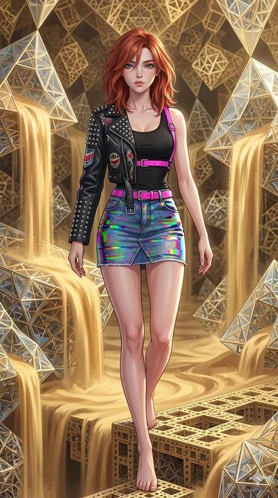 score_9, masterpiece, best quality, ultra-detailed, high-budget anime keyframe, Korean woman. upper body close-up from the thighs up, character filling the screen for maximum presence. descending through a fractal quicksand temple where golden sand w