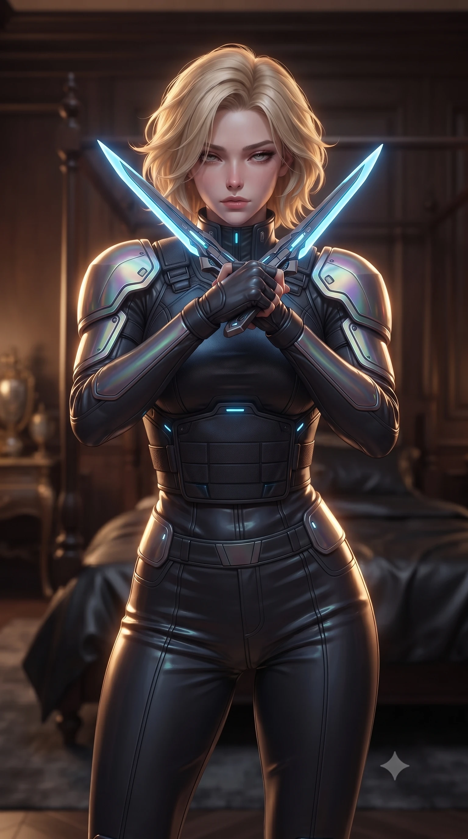 score_9, masterpiece, best quality, ultra-detailed, high-budget anime keyframe, editorial fashion photography, tasteful artistic composition, Caucasian woman. close-up cowboy shot from the waist and thighs up, the character dominates the composition, filling the frame with her large presence, background elements kept in soft focus. holding two energy daggers crossed in front of her elegant collarbone, casting a heavy-lidded, sultry look, the background shows a soft-focus a citadel quarters bedroom with dark wood panels and silk sheets. She has an exceptionally elegant, slender, and willowy female figure with an ultra-slim waist, a gracefully sculpted slender torso, and a refined silhouette. sharp v-shaped jawline, high-bridge nose, intricate jewel-like eyes with depth, thick eyelashes, glossy lips with a natural sheen. wearing a form-contouring futuristic combat uniform with structured shoulder armor plates, worn over a high-collar ballistic vest and trousers. warm golden hour light tracing her silhouette with a soft glowing rim light. ultra-reflective glossy finish, specular highlights, metallic sheen, high-contrast stereoscopic depth, volumetric dynamic lighting, 2k, ultra detail, master piece, 9:16 ratio