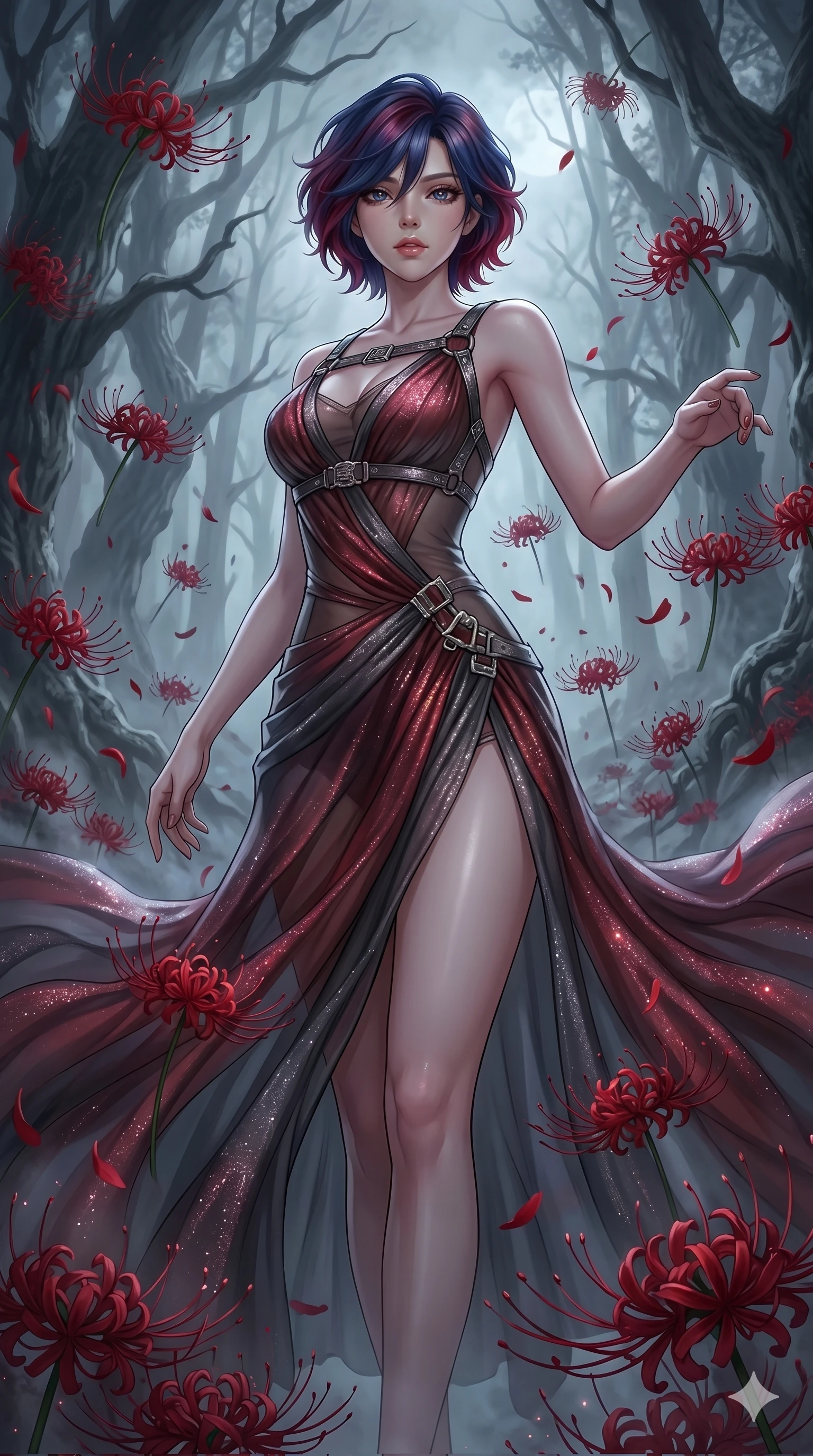 score_9, masterpiece, best quality, ultra-detailed, High-budget Anime Keyframe, East Asian woman. Low angle cowboy shot filling the entire 9:16 frame with her statuesque presence. Scenario 295: Dancing amidst falling red spider lilies in a misty dark forest. Her presence is magnetic and overpowering in this high-budget anime scene. Outfit 295: A shimmering chiffon bare with a thigh-high slit and metallic buckles. The clothing is designed to emphasize her exceptionally tall and slender 8-heads proportion. 8-heads proportion, towering silhouette, ultra-slim waist. sharp v-shaped jawline, intricate jewel-like eyes with depth, thick eyelashes, glossy lips. 2k, ultra detail, master piece, 9:16 ratio