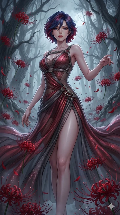 score_9, masterpiece, best quality, ultra-detailed, High-budget Anime Keyframe, East Asian woman. Low angle cowboy shot filling the entire 9:16 frame with her statuesque presence. Scenario 295: Dancing amidst falling red spider lilies in a misty dark