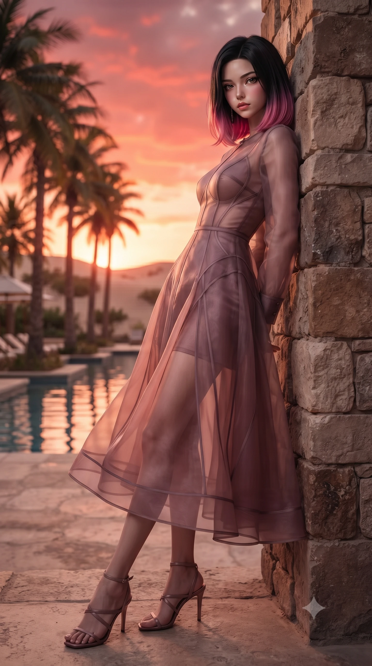 score_9, masterpiece, best quality, ultra-detailed, high-budget anime keyframe, editorial fashion photography, tasteful artistic composition, Korean woman woman. low angle full-body shot from head to toe showing her feet, filling the entire 9:16 vertical frame with her statuesque presence, stretching her vertical silhouette. leaning back against a rustic stone wall, casting a slow, alluring gaze at the camera the background shows a soft-focus a resort pool surrounded by tall palms and sand dunes at sunset. She has an absolutely perfect, statuesque 8.5-heads proportion, an exceptionally tall and slender model-like female figure with impossibly long slender legs and an ultra-slim waist. sharp v-shaped jawline, high-bridge nose, intricate jewel-like eyes with depth, thick eyelashes, glossy lips with a natural sheen. wearing a tailored sheer organza dress in dusty mauve, showing her slender torso and willowy silhouette. the warm red and orange sunset sky casting a dramatic glow over the pool. ultra-reflective glossy finish, specular highlights, metallic sheen, high-contrast stereoscopic depth, volumetric dynamic lighting, 2k, ultra detail, master piece, 9:16 ratio